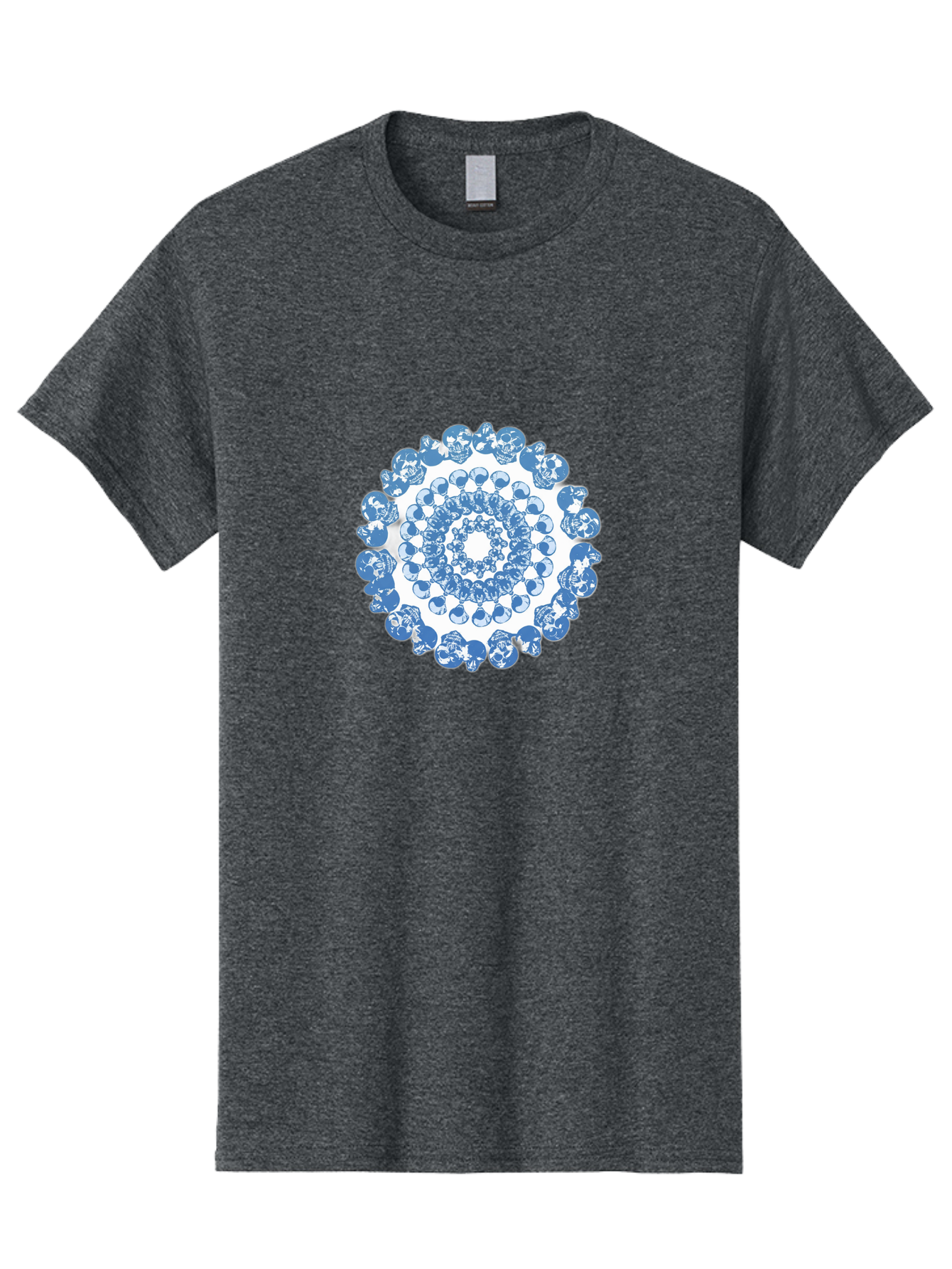 Skull-Mandala-3 Men'S Graphic Tee, 100% Cotton, Comfortable Casual Summer Wear, Machine Washable, Blue And White Mandala, Intricate Illustrations, Stylized Human Heads, Concentric Pattern, Abstract Artwork, Surrealism, Artistic Expression, Bad597 5