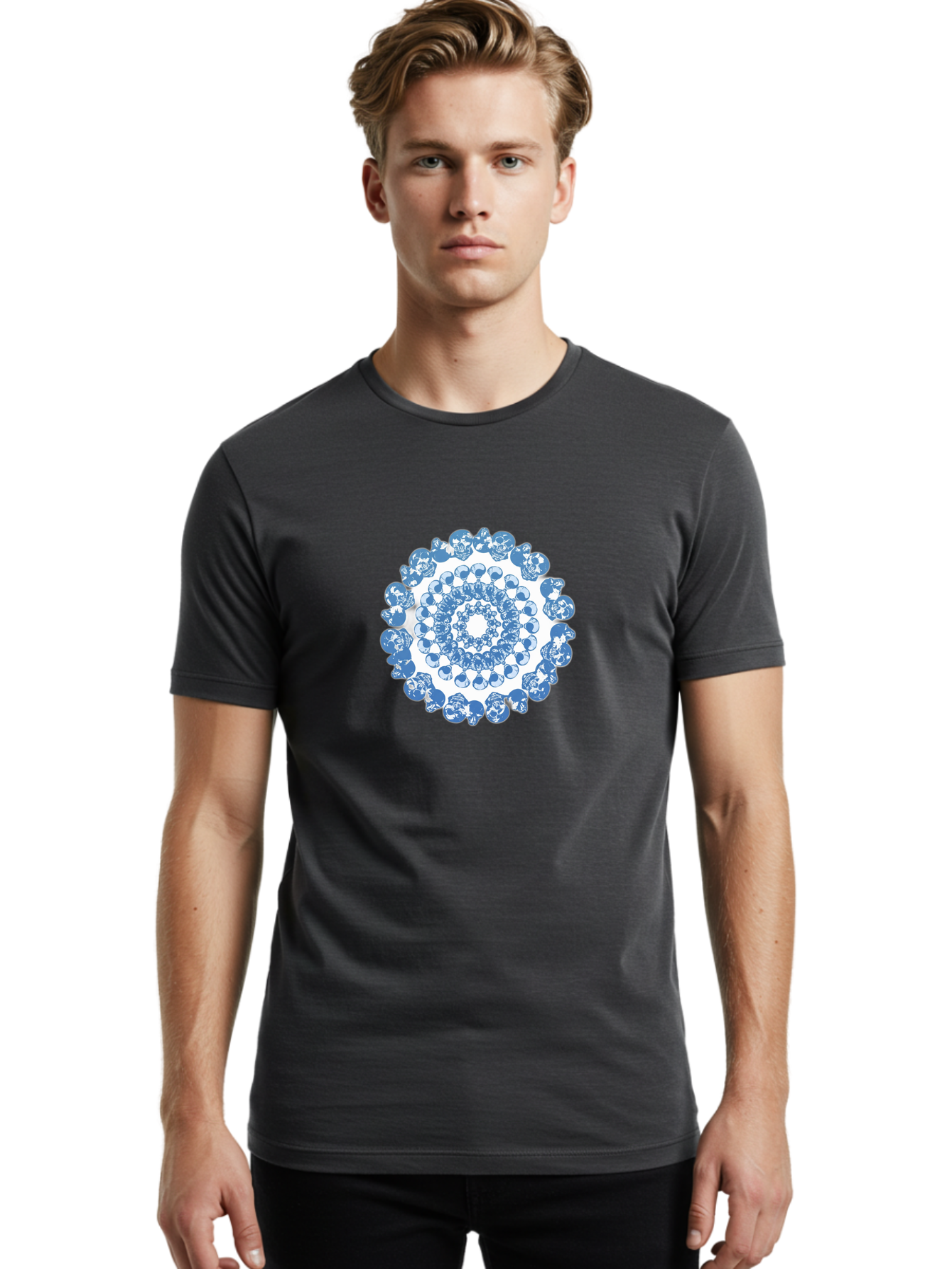 Skull-Mandala-3 Men'S Graphic Tee, 100% Cotton, Comfortable Casual Summer Wear, Machine Washable, Blue And White Mandala, Intricate Illustrations, Stylized Human Heads, Concentric Pattern, Abstract Artwork, Surrealism, Artistic Expression, Bad597 20