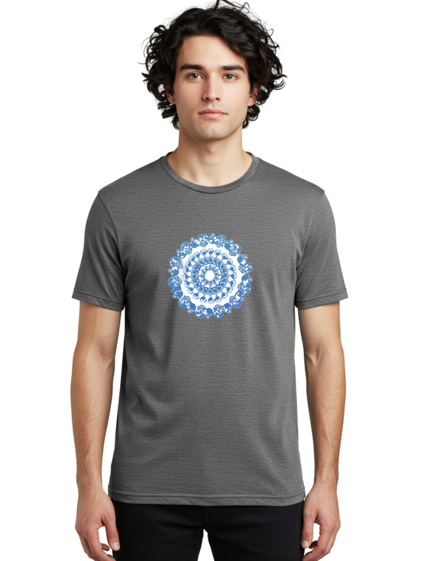 Skull-Mandala-3 Men'S Graphic Tee, 100% Cotton, Comfortable Casual Summer Wear, Machine Washable, Blue And White Mandala, Intricate Illustrations, Stylized Human Heads, Concentric Pattern, Abstract Artwork, Surrealism, Artistic Expression, Bad597 22