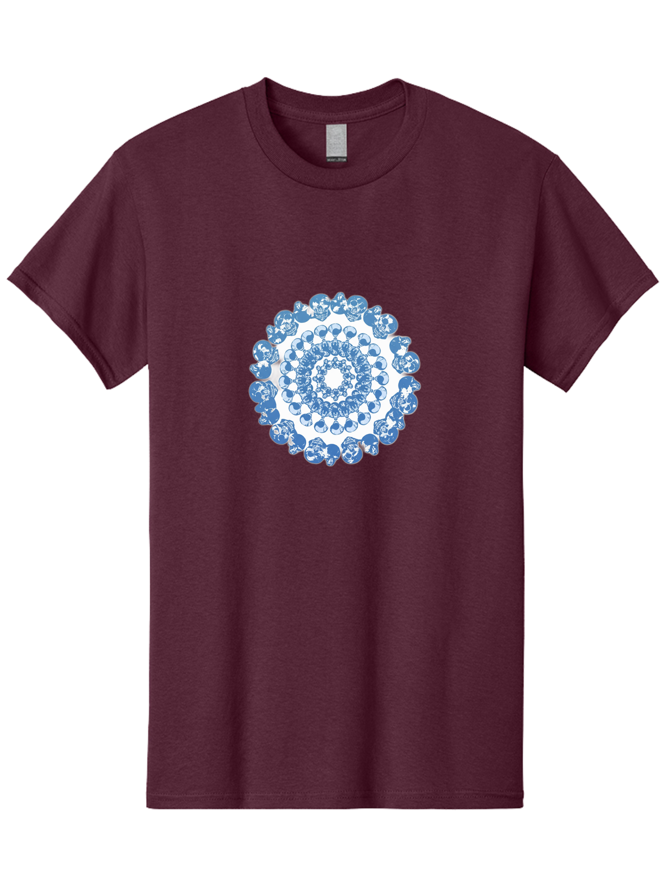Skull-Mandala-3 Men'S Graphic Tee, 100% Cotton, Comfortable Casual Summer Wear, Machine Washable, Blue And White Mandala, Intricate Illustrations, Stylized Human Heads, Concentric Pattern, Abstract Artwork, Surrealism, Artistic Expression, Bad597 4