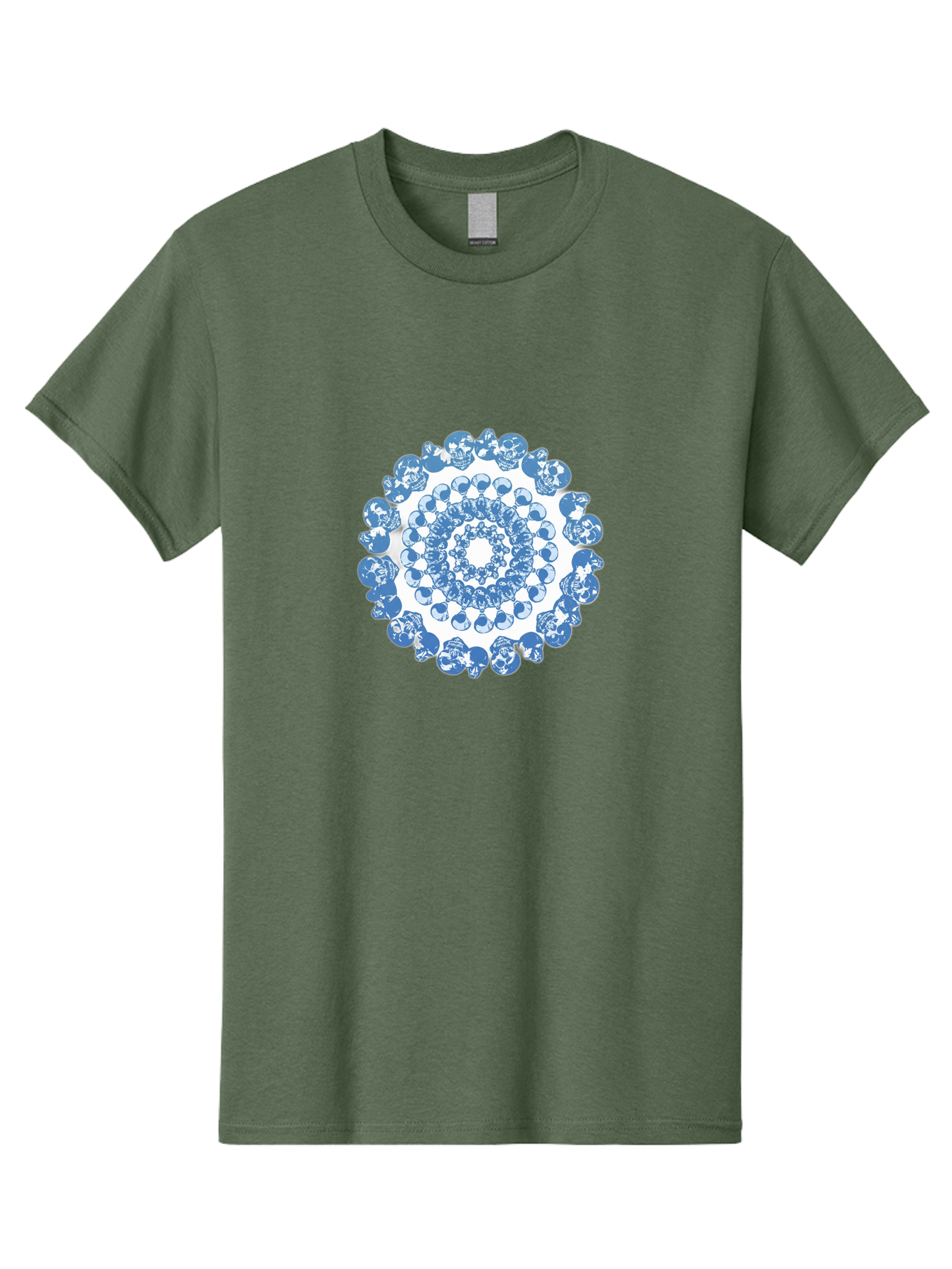 Skull-Mandala-3 Men'S Graphic Tee, 100% Cotton, Comfortable Casual Summer Wear, Machine Washable, Blue And White Mandala, Intricate Illustrations, Stylized Human Heads, Concentric Pattern, Abstract Artwork, Surrealism, Artistic Expression, Bad597 8