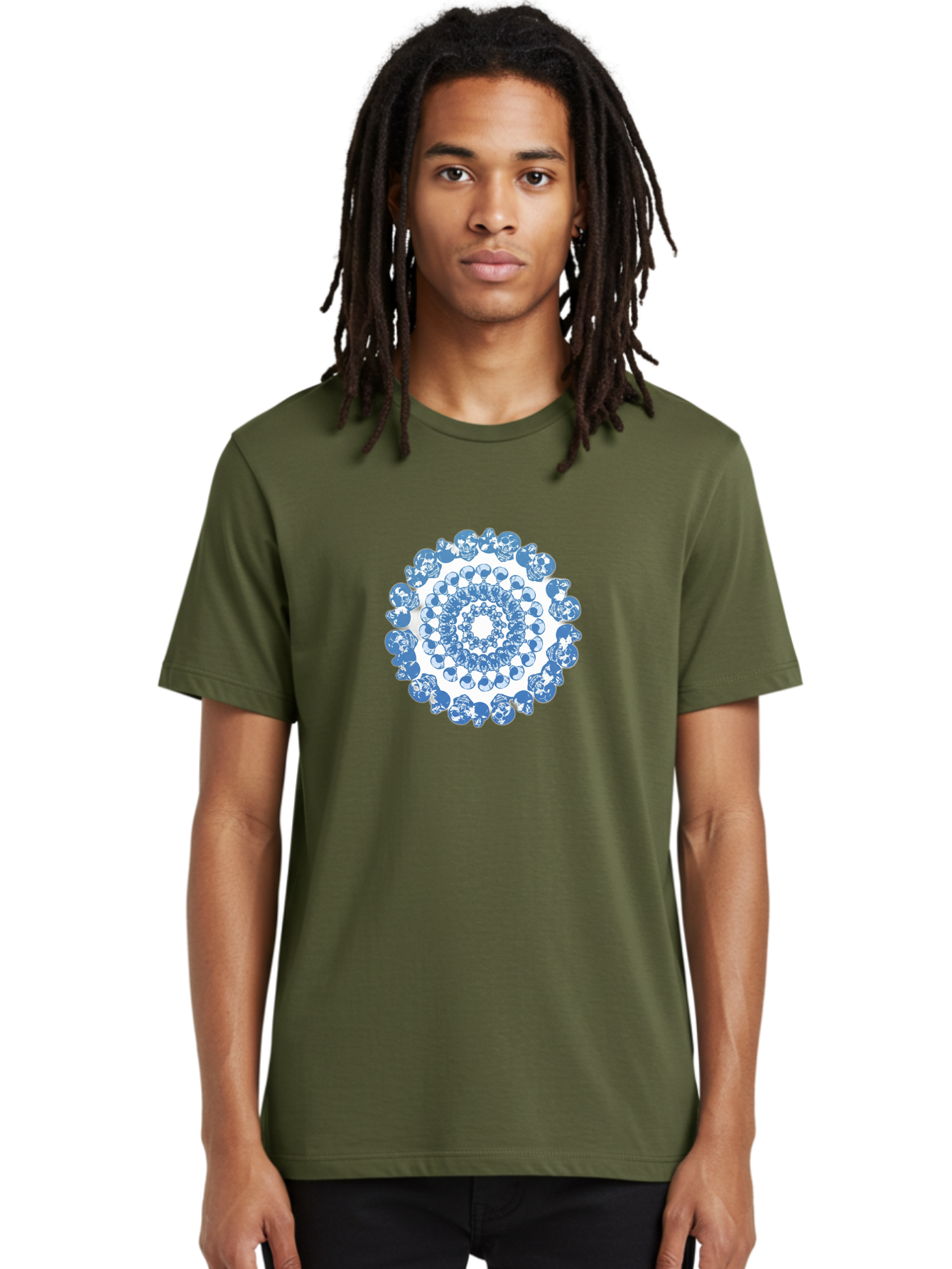 Skull-Mandala-3 Men'S Graphic Tee, 100% Cotton, Comfortable Casual Summer Wear, Machine Washable, Blue And White Mandala, Intricate Illustrations, Stylized Human Heads, Concentric Pattern, Abstract Artwork, Surrealism, Artistic Expression, Bad597 23