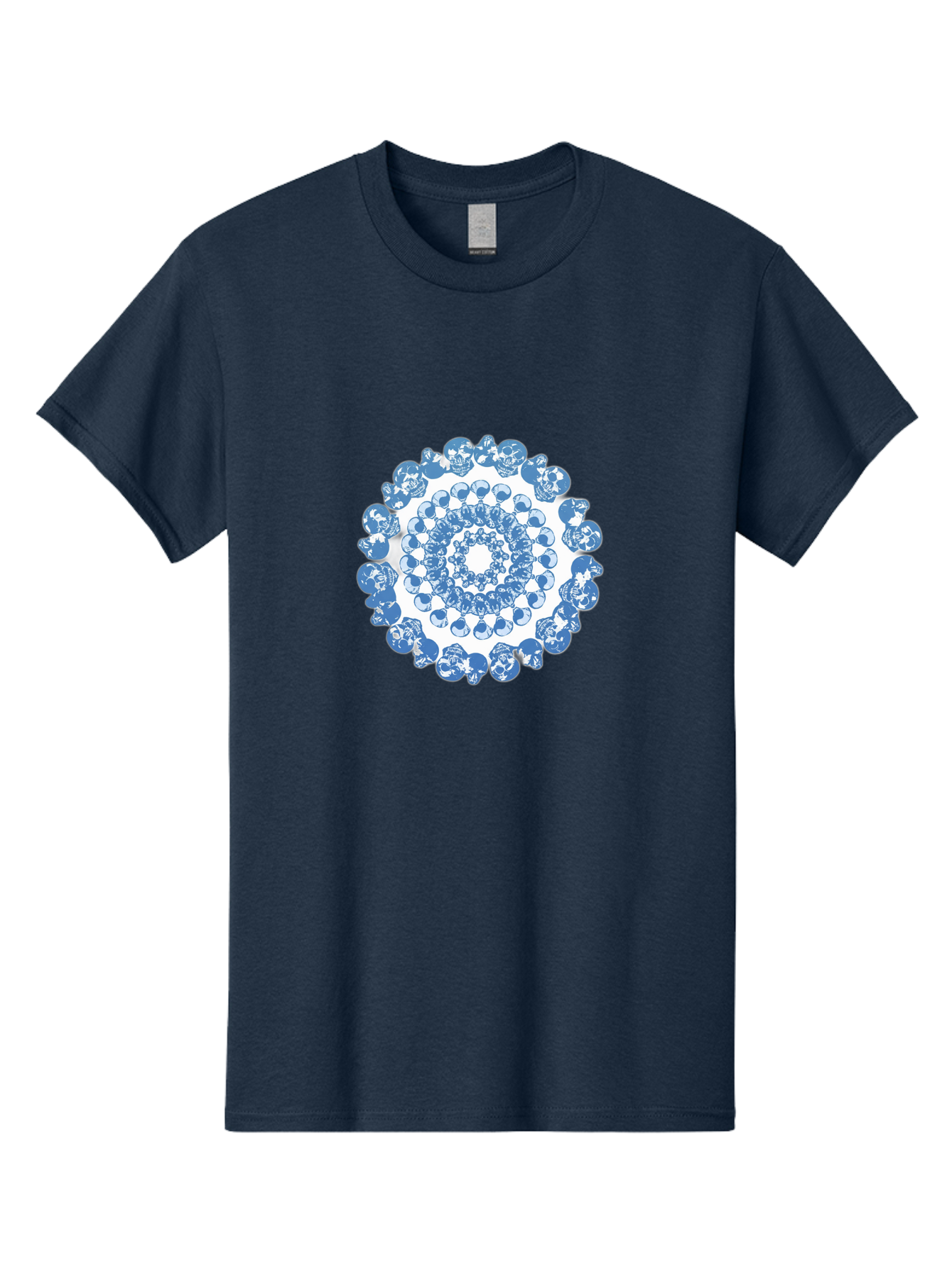 Skull-Mandala-3 Men'S Graphic Tee, 100% Cotton, Comfortable Casual Summer Wear, Machine Washable, Blue And White Mandala, Intricate Illustrations, Stylized Human Heads, Concentric Pattern, Abstract Artwork, Surrealism, Artistic Expression, Bad597 15