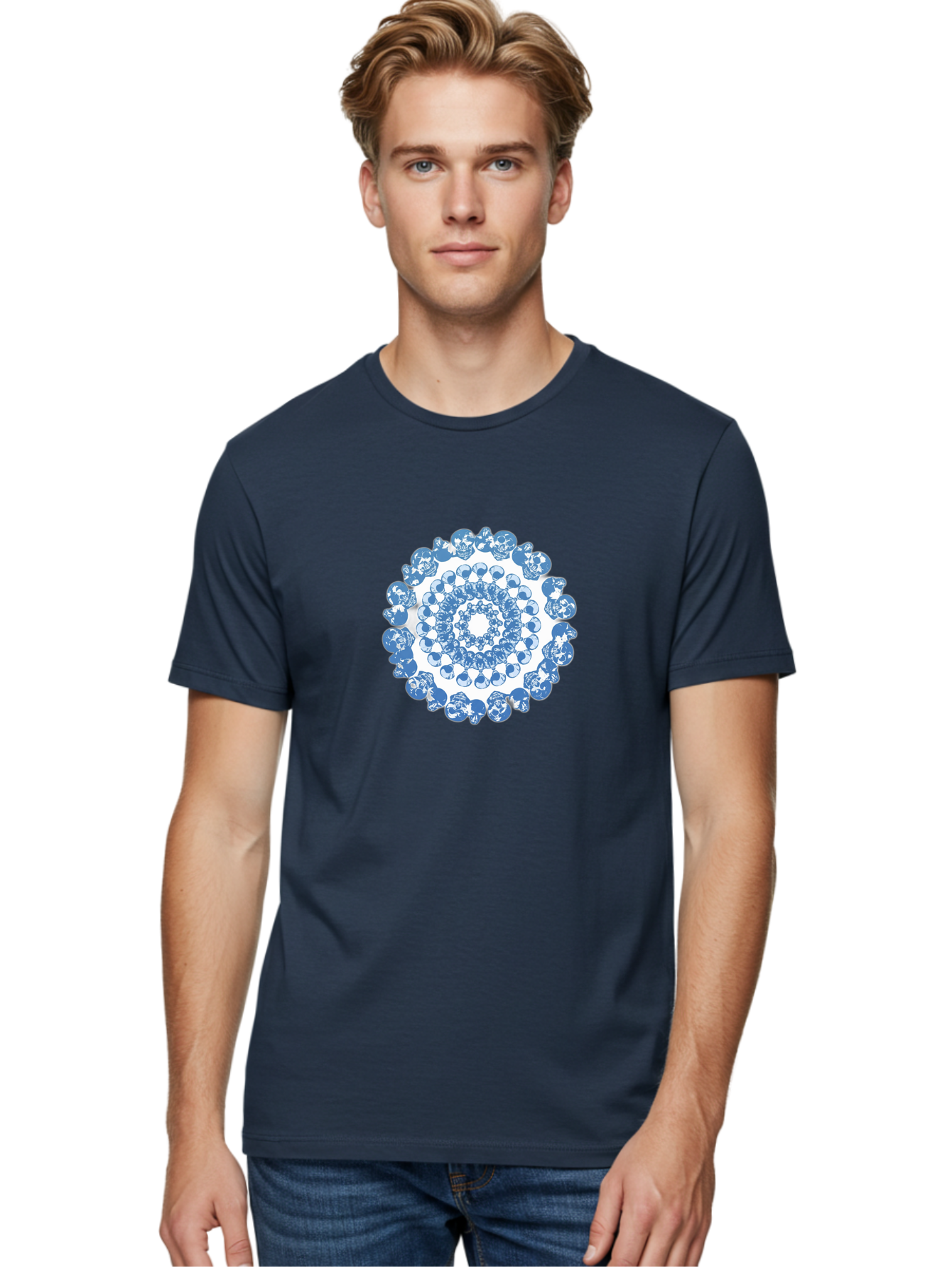 Skull-Mandala-3 Men'S Graphic Tee, 100% Cotton, Comfortable Casual Summer Wear, Machine Washable, Blue And White Mandala, Intricate Illustrations, Stylized Human Heads, Concentric Pattern, Abstract Artwork, Surrealism, Artistic Expression, Bad597 30