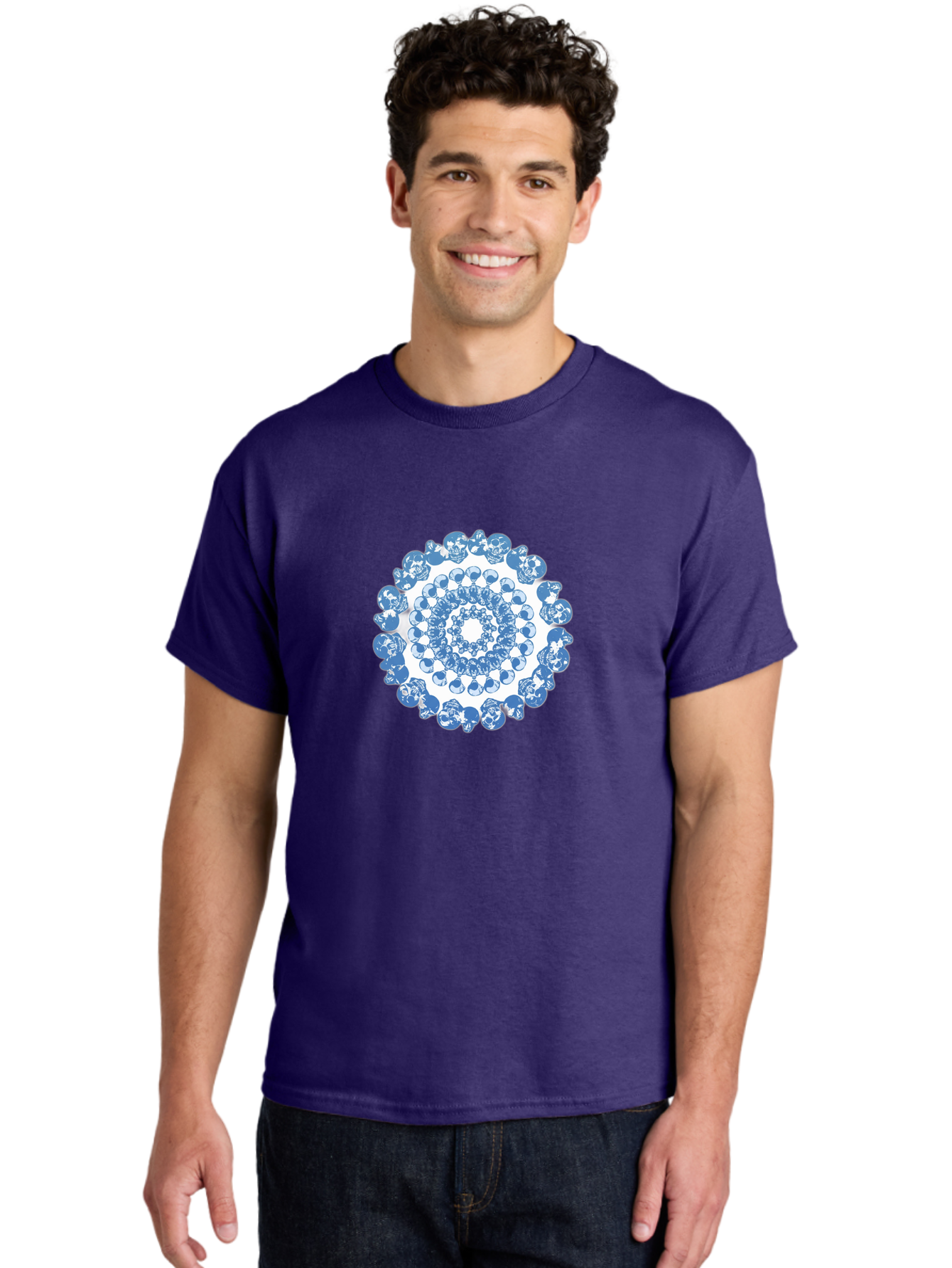 Skull-Mandala-3 Men'S Graphic Tee, 100% Cotton, Comfortable Casual Summer Wear, Machine Washable, Blue And White Mandala, Intricate Illustrations, Stylized Human Heads, Concentric Pattern, Abstract Artwork, Surrealism, Artistic Expression, Bad597 26