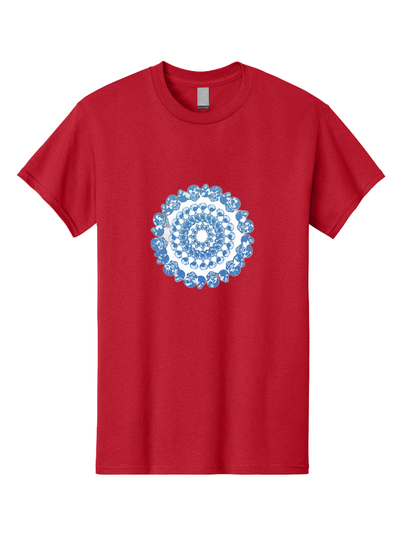 Skull-Mandala-3 Men'S Graphic Tee, 100% Cotton, Comfortable Casual Summer Wear, Machine Washable, Blue And White Mandala, Intricate Illustrations, Stylized Human Heads, Concentric Pattern, Abstract Artwork, Surrealism, Artistic Expression, Bad597 12