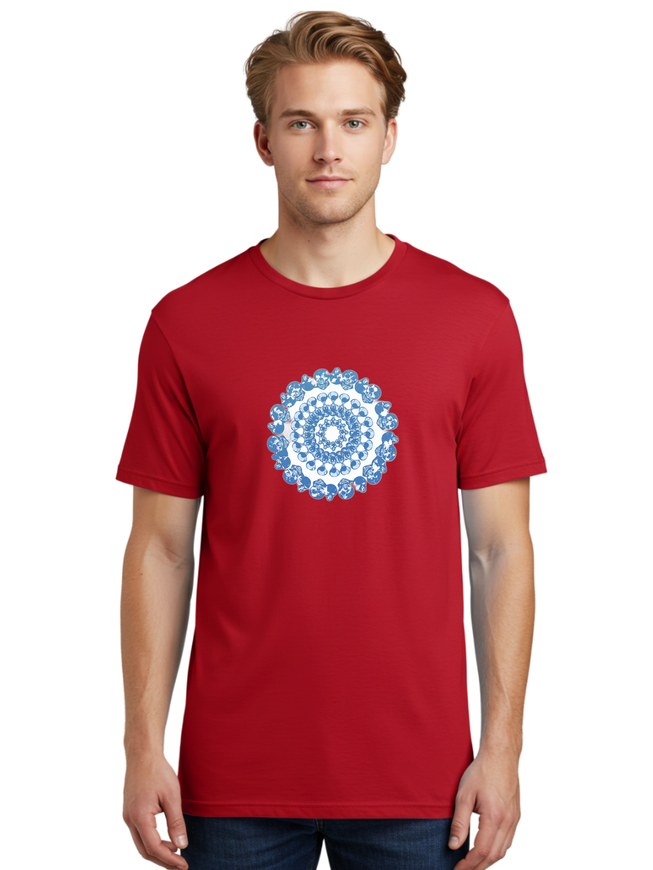 Skull-Mandala-3 Men'S Graphic Tee, 100% Cotton, Comfortable Casual Summer Wear, Machine Washable, Blue And White Mandala, Intricate Illustrations, Stylized Human Heads, Concentric Pattern, Abstract Artwork, Surrealism, Artistic Expression, Bad597 27