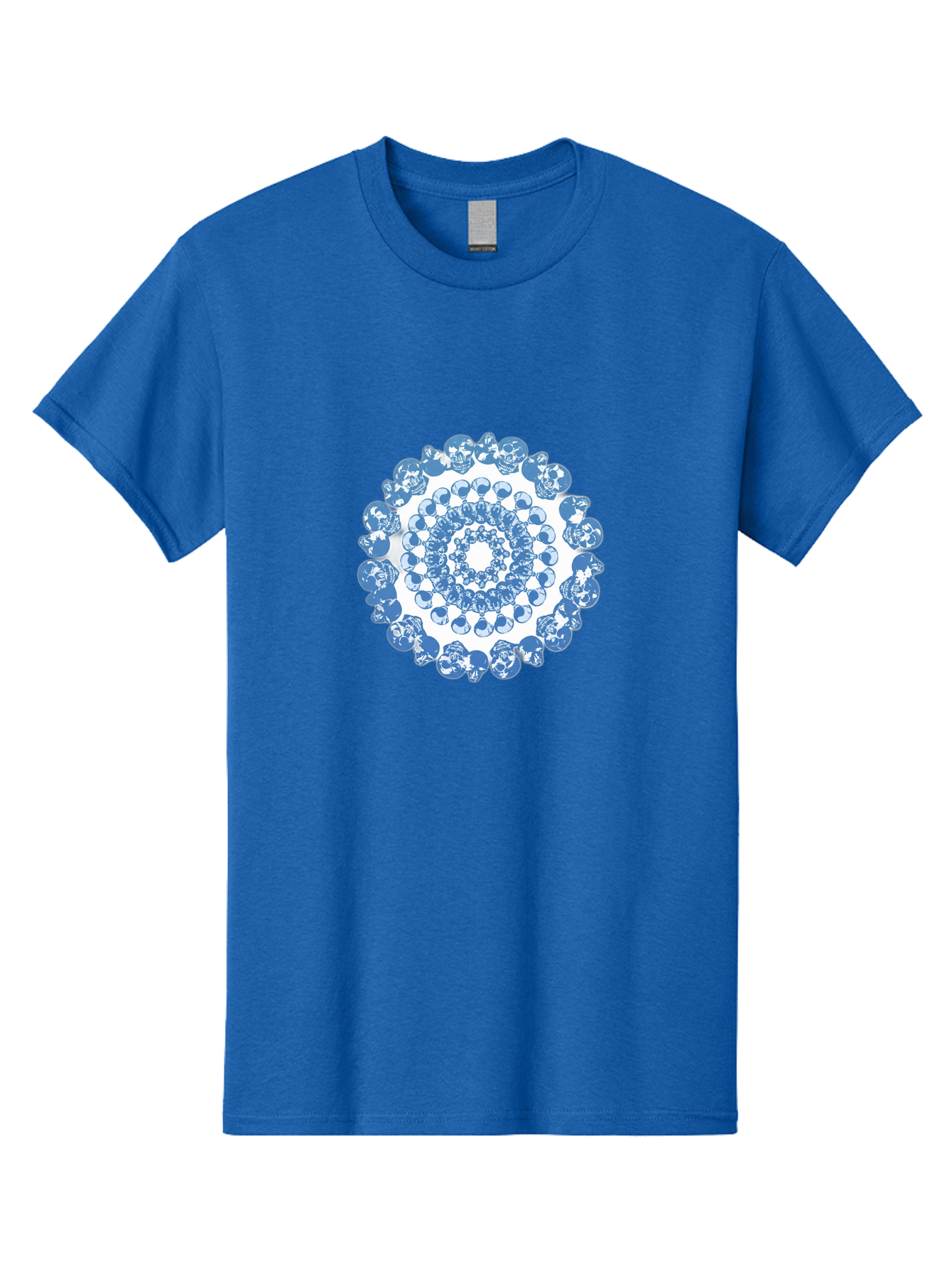 Skull-Mandala-3 Men'S Graphic Tee, 100% Cotton, Comfortable Casual Summer Wear, Machine Washable, Blue And White Mandala, Intricate Illustrations, Stylized Human Heads, Concentric Pattern, Abstract Artwork, Surrealism, Artistic Expression, Bad597 13