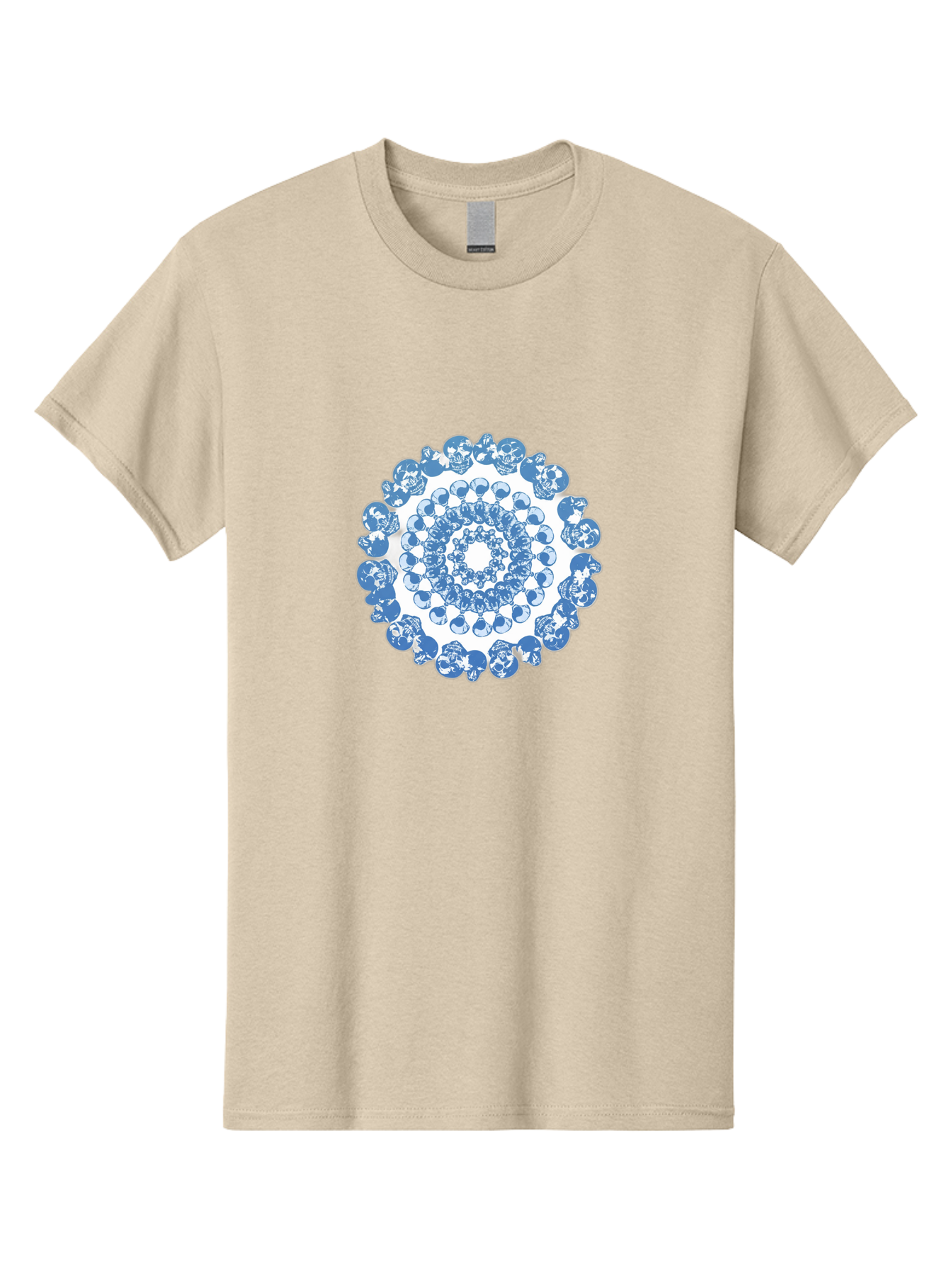 Skull-Mandala-3 Men'S Graphic Tee, 100% Cotton, Comfortable Casual Summer Wear, Machine Washable, Blue And White Mandala, Intricate Illustrations, Stylized Human Heads, Concentric Pattern, Abstract Artwork, Surrealism, Artistic Expression, Bad597 1