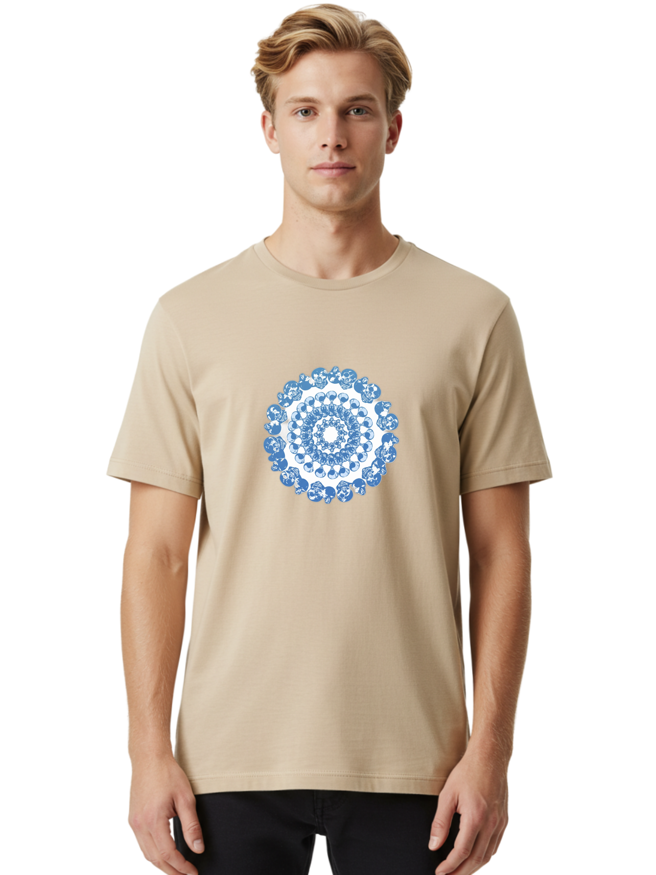 Skull-Mandala-3 Men'S Graphic Tee, 100% Cotton, Comfortable Casual Summer Wear, Machine Washable, Blue And White Mandala, Intricate Illustrations, Stylized Human Heads, Concentric Pattern, Abstract Artwork, Surrealism, Artistic Expression, Bad597 16