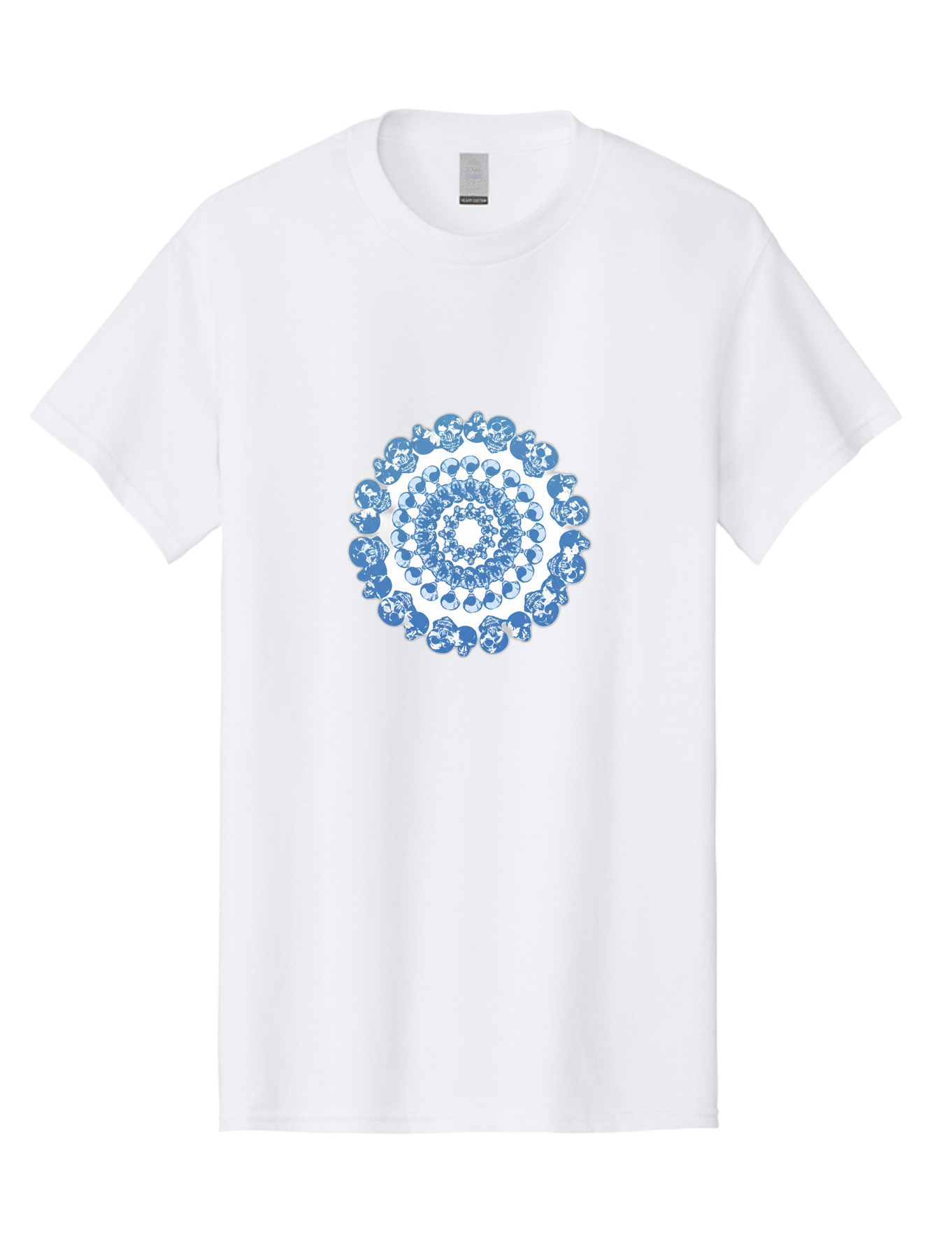 Skull-Mandala-3 Men'S Graphic Tee, 100% Cotton, Comfortable Casual Summer Wear, Machine Washable, Blue And White Mandala, Intricate Illustrations, Stylized Human Heads, Concentric Pattern, Abstract Artwork, Surrealism, Artistic Expression, Bad597 14