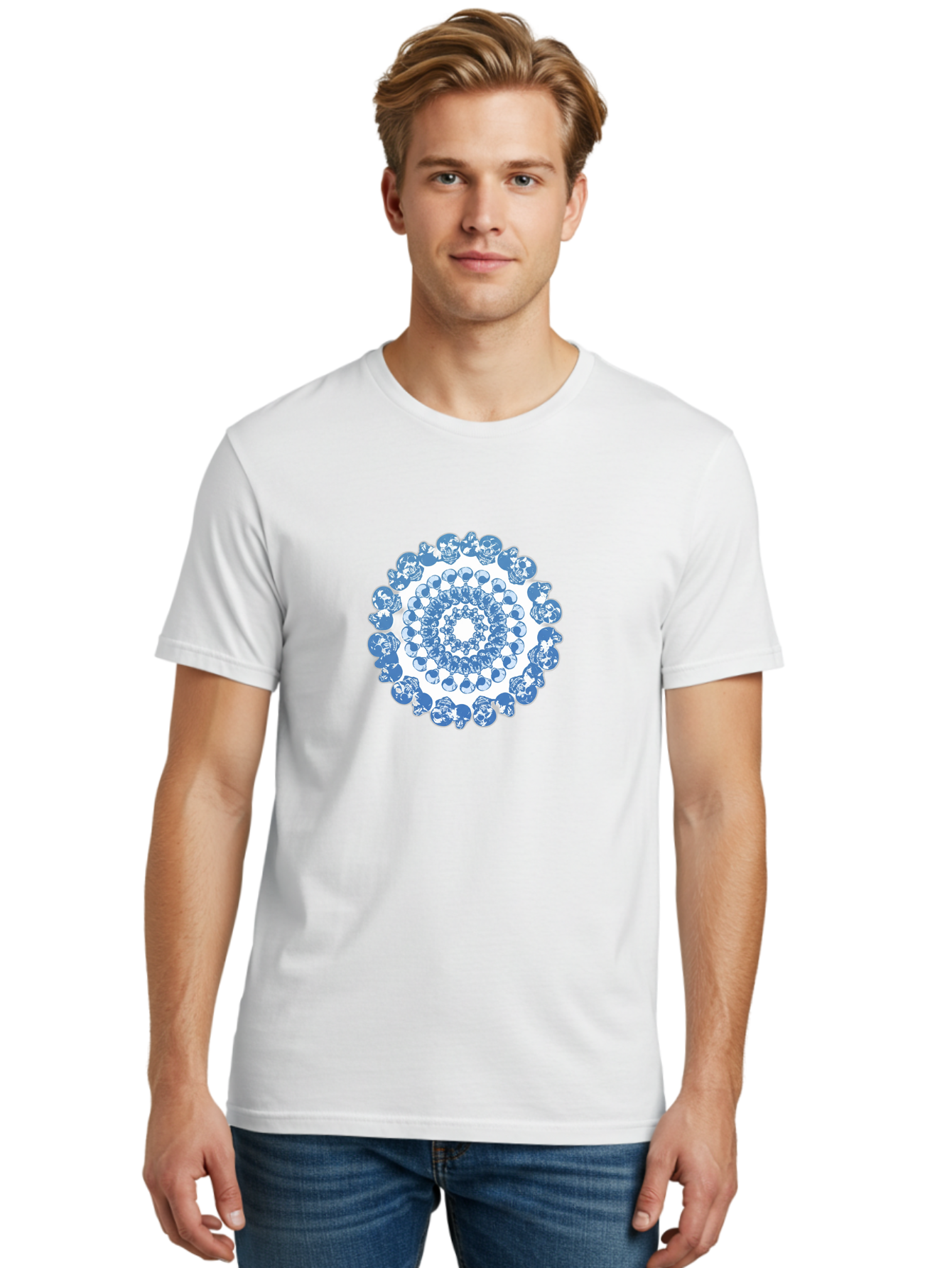 Skull-Mandala-3 Men'S Graphic Tee, 100% Cotton, Comfortable Casual Summer Wear, Machine Washable, Blue And White Mandala, Intricate Illustrations, Stylized Human Heads, Concentric Pattern, Abstract Artwork, Surrealism, Artistic Expression, Bad597 29