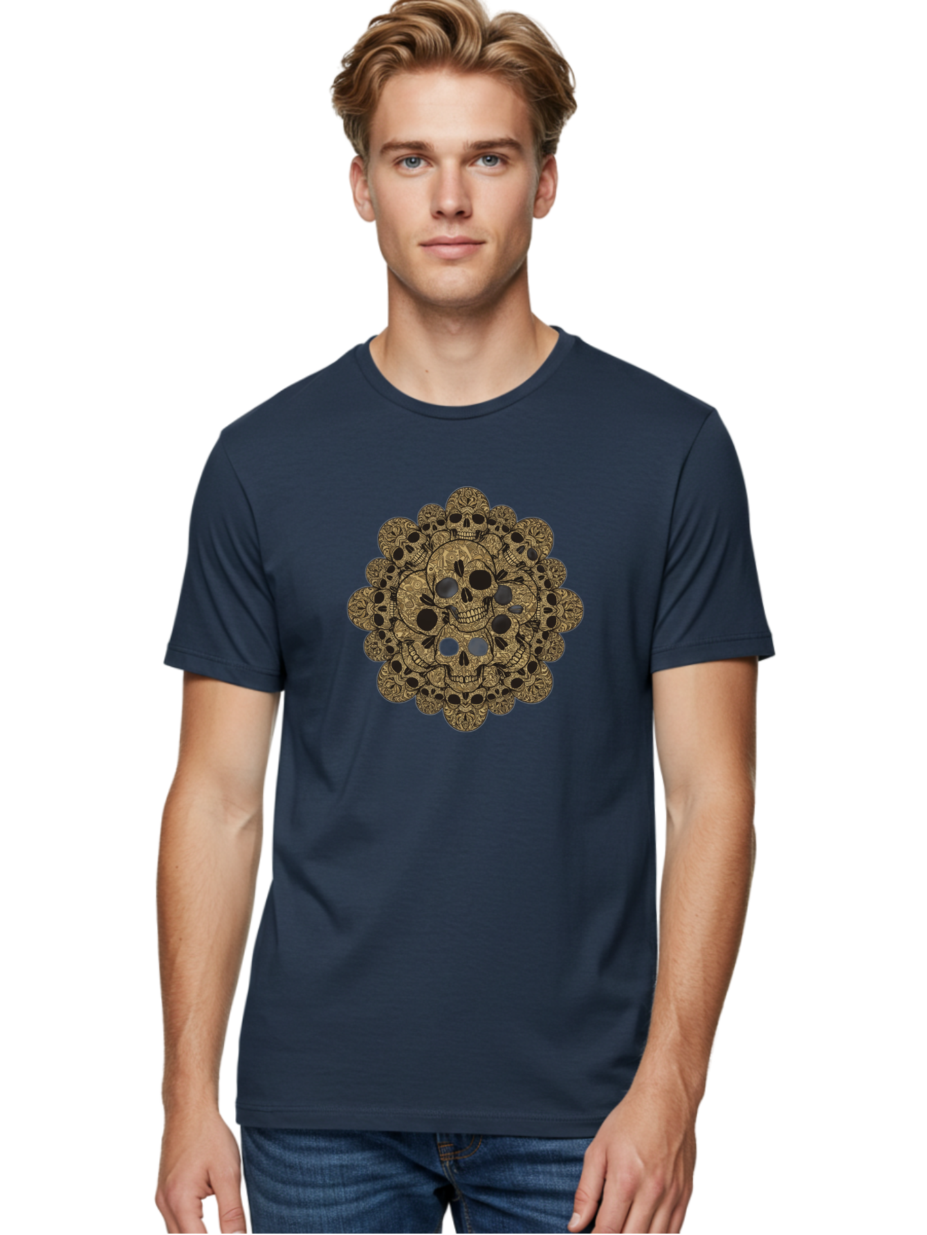 Skull-Mandala-4 Men'S Graphic Tee, 100% Cotton, Comfortable Casual Summer Wear, Machine Washable, Sugar Skulls, Floral Skull Design, Intricate Patterns, Day Of The Dead, Mexican Culture, Symbolic Art, Ornate Skulls Bad598 25