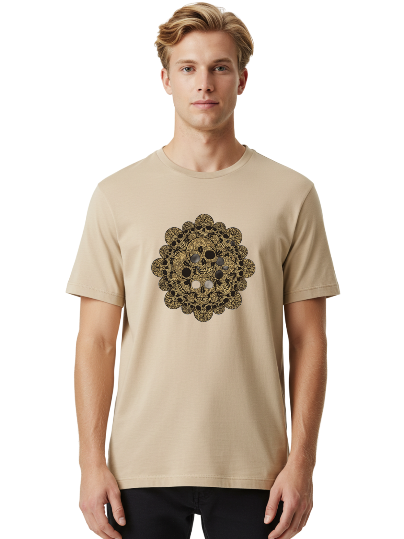 Skull-Mandala-4 Men'S Graphic Tee, 100% Cotton, Comfortable Casual Summer Wear, Machine Washable, Sugar Skulls, Floral Skull Design, Intricate Patterns, Day Of The Dead, Mexican Culture, Symbolic Art, Ornate Skulls Bad598 16