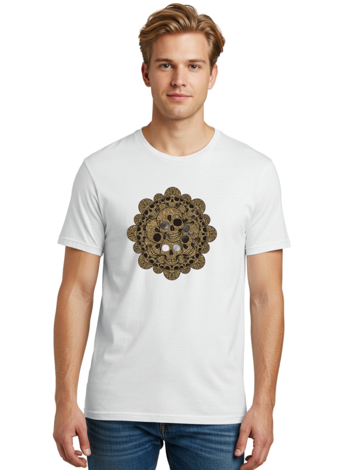Skull-Mandala-4 Men'S Graphic Tee, 100% Cotton, Comfortable Casual Summer Wear, Machine Washable, Sugar Skulls, Floral Skull Design, Intricate Patterns, Day Of The Dead, Mexican Culture, Symbolic Art, Ornate Skulls Bad598 23