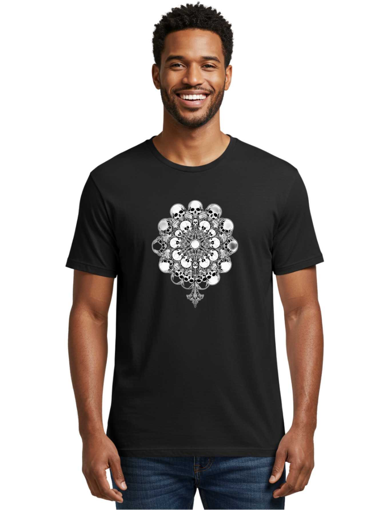 Skull-Mandala-5 Men'S Graphic Tee, 100% Cotton, Comfortable Casual Summer Wear, Machine Washable, Skull Art, Mandala Design, Intricate Patterns, Floral Motifs, Death Symbolism, Mystical Imagery, Gothic Style, Dark Art, Ornate Details Bad599 25