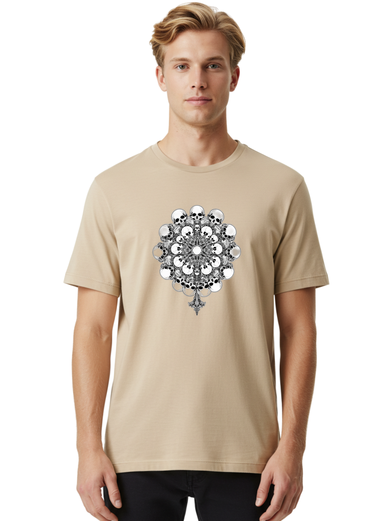 Skull-Mandala-5 Men'S Graphic Tee, 100% Cotton, Comfortable Casual Summer Wear, Machine Washable, Skull Art, Mandala Design, Intricate Patterns, Floral Motifs, Death Symbolism, Mystical Imagery, Gothic Style, Dark Art, Ornate Details Bad599 23