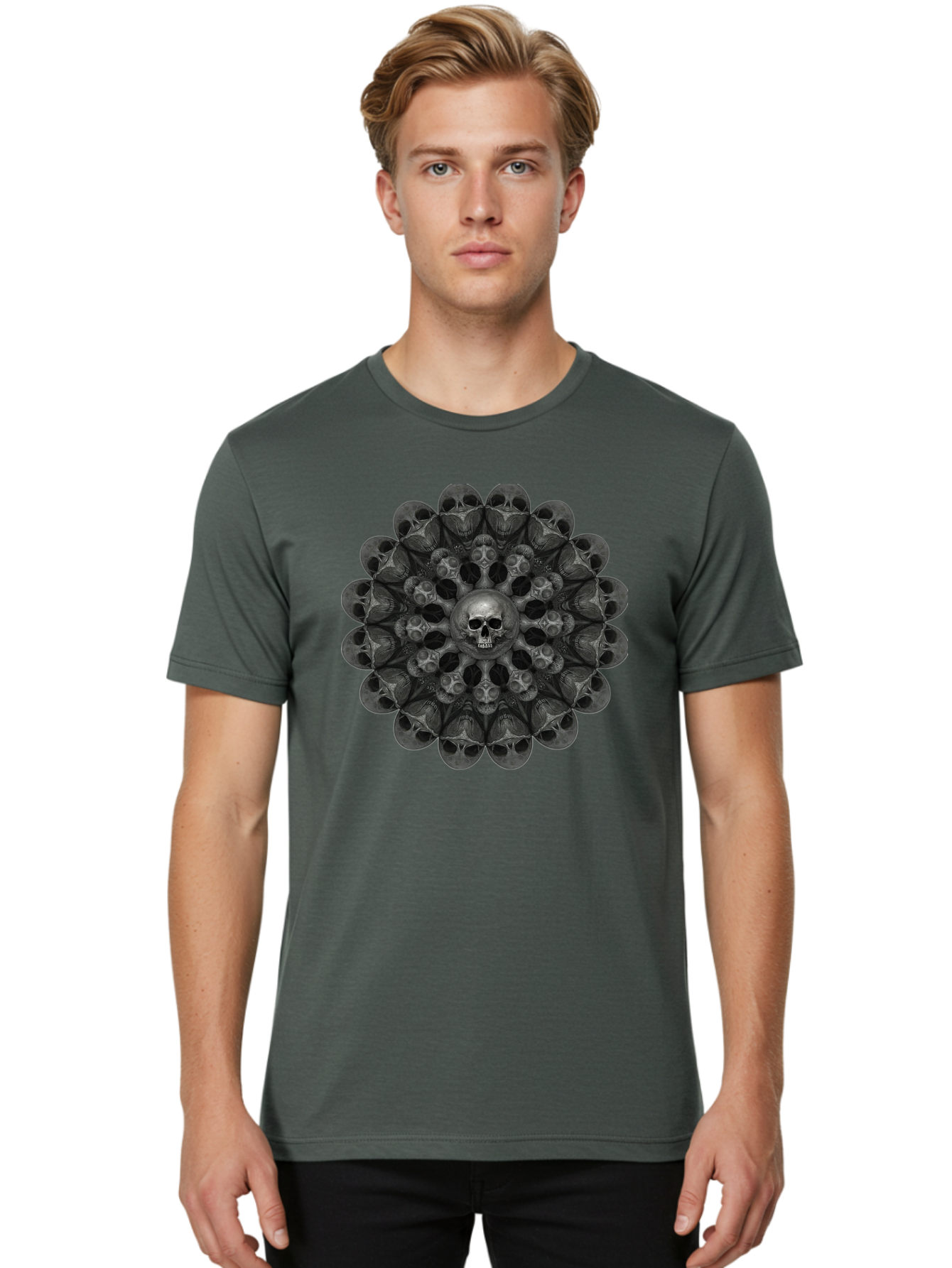 Skull-Mandala-6 Men'S Graphic Tee, 100% Cotton, Comfortable Casual Summer Wear, Machine Washable, Mandala Skull, Skull Pattern, Multiple Skulls, Gothic Art, Dark Art, Surrealism, Symbolic Imagery, Intricate Design, Mysticism, Bad600 25