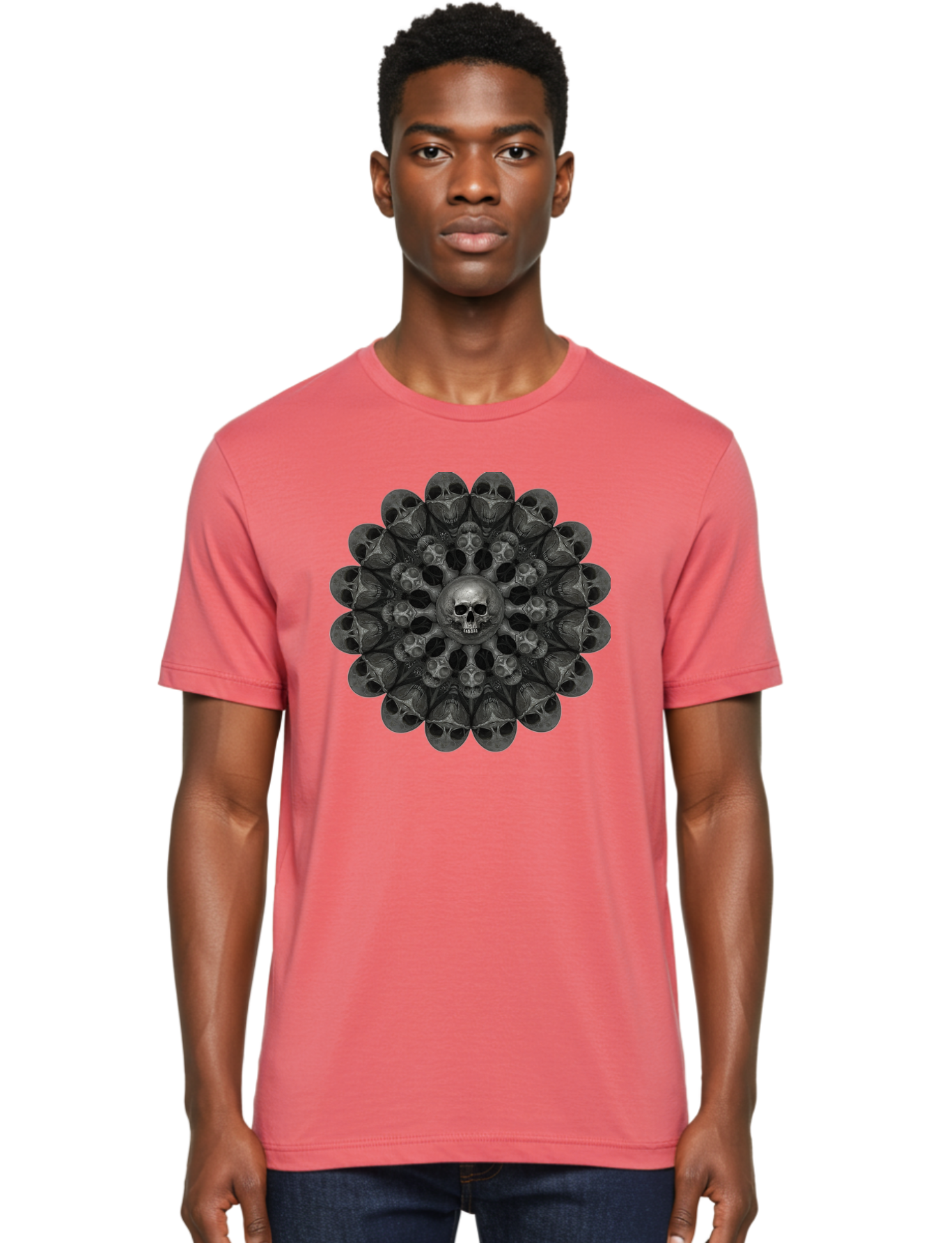 Skull-Mandala-6 Men'S Graphic Tee, 100% Cotton, Comfortable Casual Summer Wear, Machine Washable, Mandala Skull, Skull Pattern, Multiple Skulls, Gothic Art, Dark Art, Surrealism, Symbolic Imagery, Intricate Design, Mysticism, Bad600 27