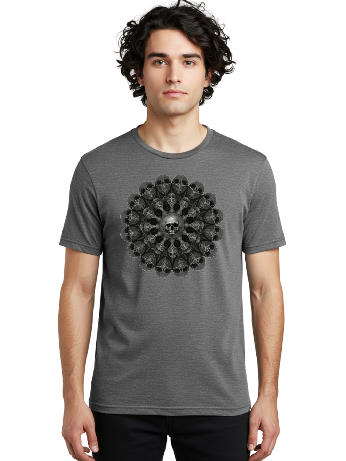 Skull-Mandala-6 Men'S Graphic Tee, 100% Cotton, Comfortable Casual Summer Wear, Machine Washable, Mandala Skull, Skull Pattern, Multiple Skulls, Gothic Art, Dark Art, Surrealism, Symbolic Imagery, Intricate Design, Mysticism, Bad600 22