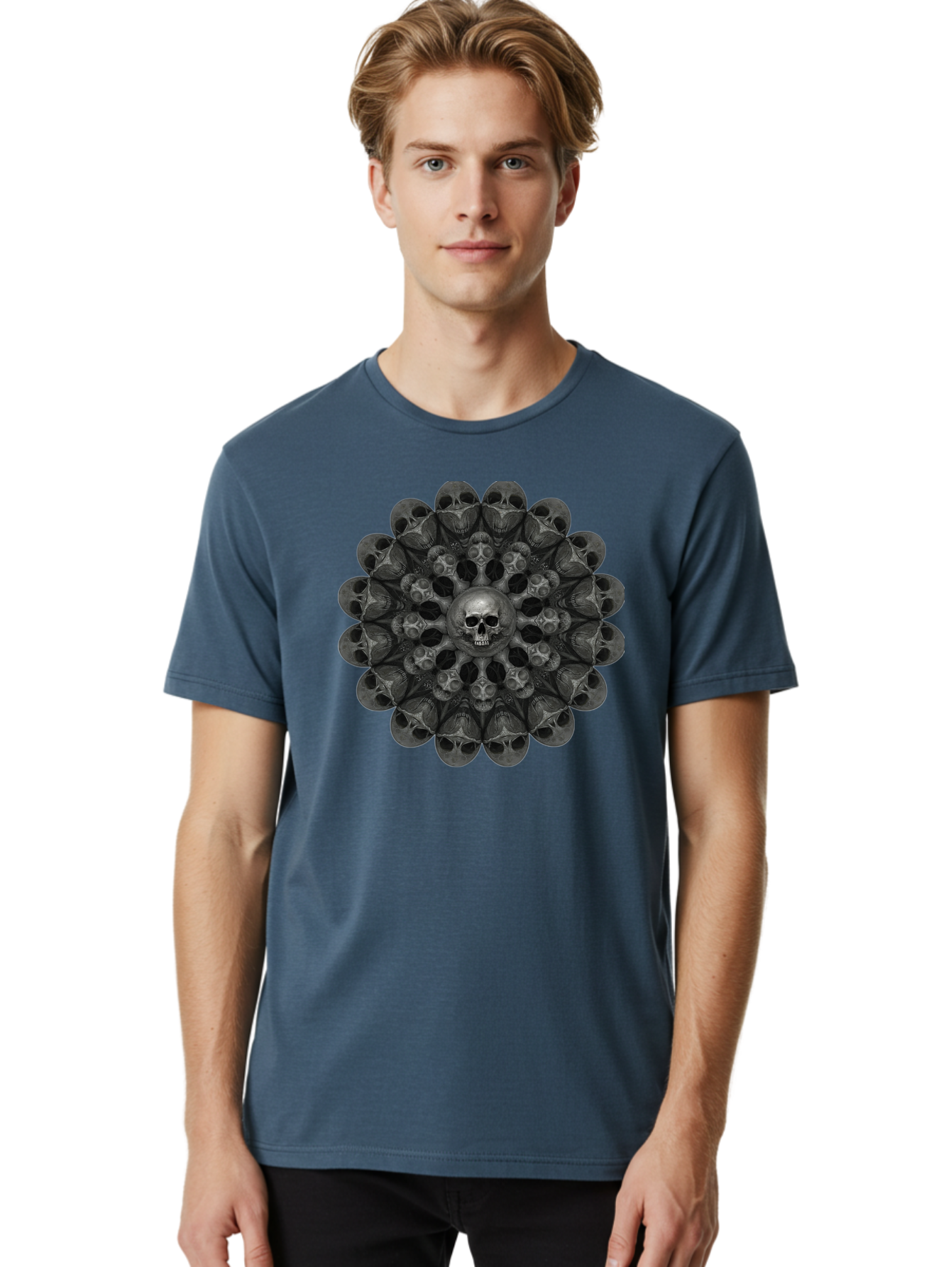Skull-Mandala-6 Men'S Graphic Tee, 100% Cotton, Comfortable Casual Summer Wear, Machine Washable, Mandala Skull, Skull Pattern, Multiple Skulls, Gothic Art, Dark Art, Surrealism, Symbolic Imagery, Intricate Design, Mysticism, Bad600 29