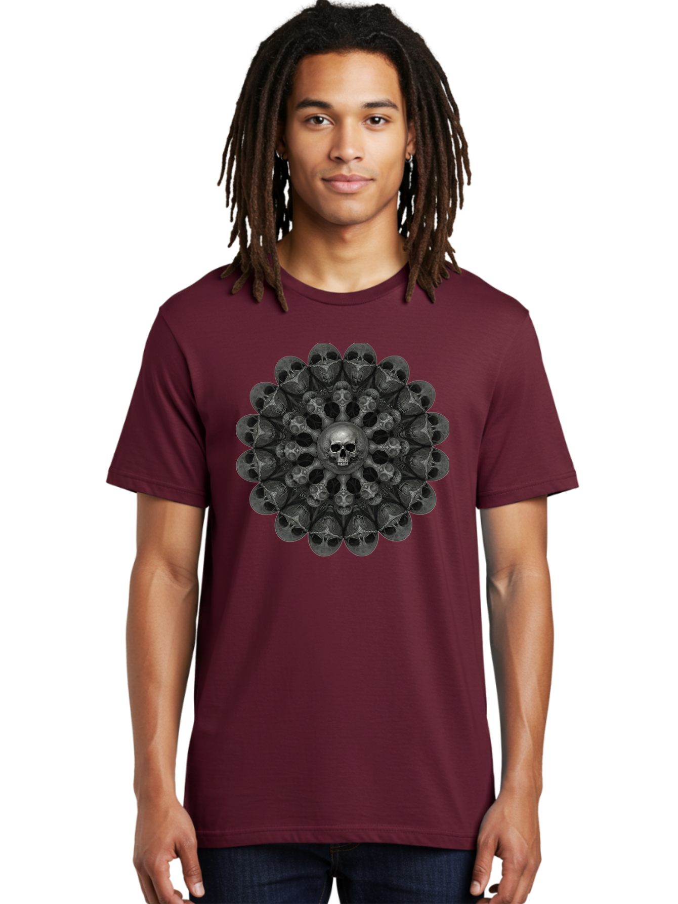 Skull-Mandala-6 Men'S Graphic Tee, 100% Cotton, Comfortable Casual Summer Wear, Machine Washable, Mandala Skull, Skull Pattern, Multiple Skulls, Gothic Art, Dark Art, Surrealism, Symbolic Imagery, Intricate Design, Mysticism, Bad600 23