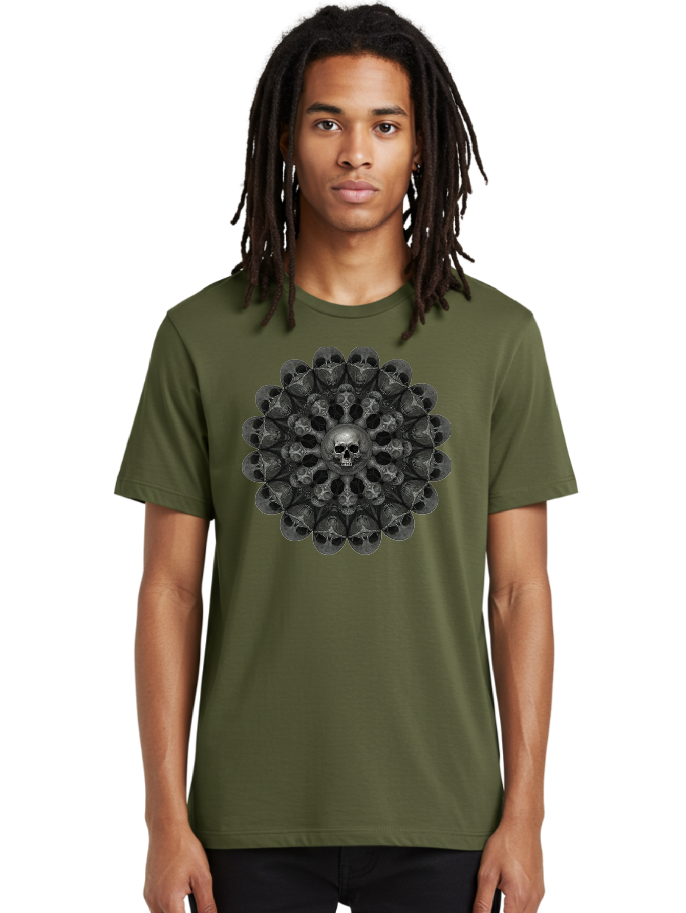 Skull-Mandala-6 Men'S Graphic Tee, 100% Cotton, Comfortable Casual Summer Wear, Machine Washable, Mandala Skull, Skull Pattern, Multiple Skulls, Gothic Art, Dark Art, Surrealism, Symbolic Imagery, Intricate Design, Mysticism, Bad600 24