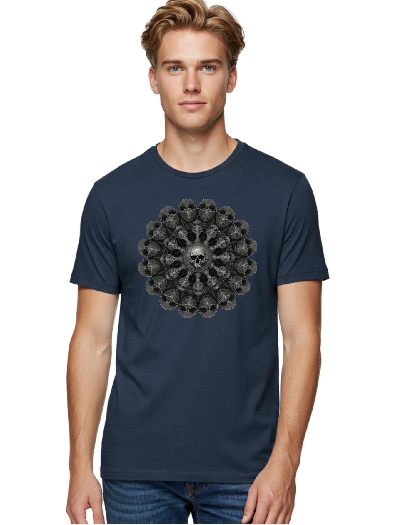 Skull-Mandala-6 Men'S Graphic Tee, 100% Cotton, Comfortable Casual Summer Wear, Machine Washable, Mandala Skull, Skull Pattern, Multiple Skulls, Gothic Art, Dark Art, Surrealism, Symbolic Imagery, Intricate Design, Mysticism, Bad600 30