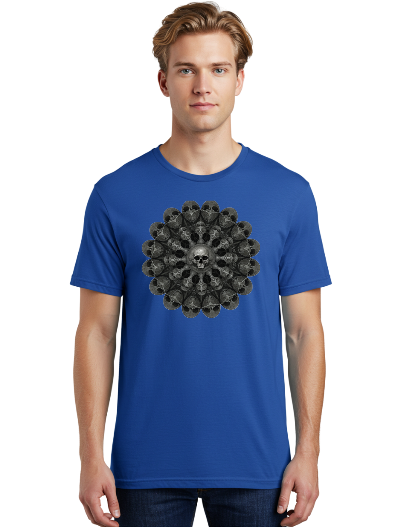 Skull-Mandala-6 Men'S Graphic Tee, 100% Cotton, Comfortable Casual Summer Wear, Machine Washable, Mandala Skull, Skull Pattern, Multiple Skulls, Gothic Art, Dark Art, Surrealism, Symbolic Imagery, Intricate Design, Mysticism, Bad600 26