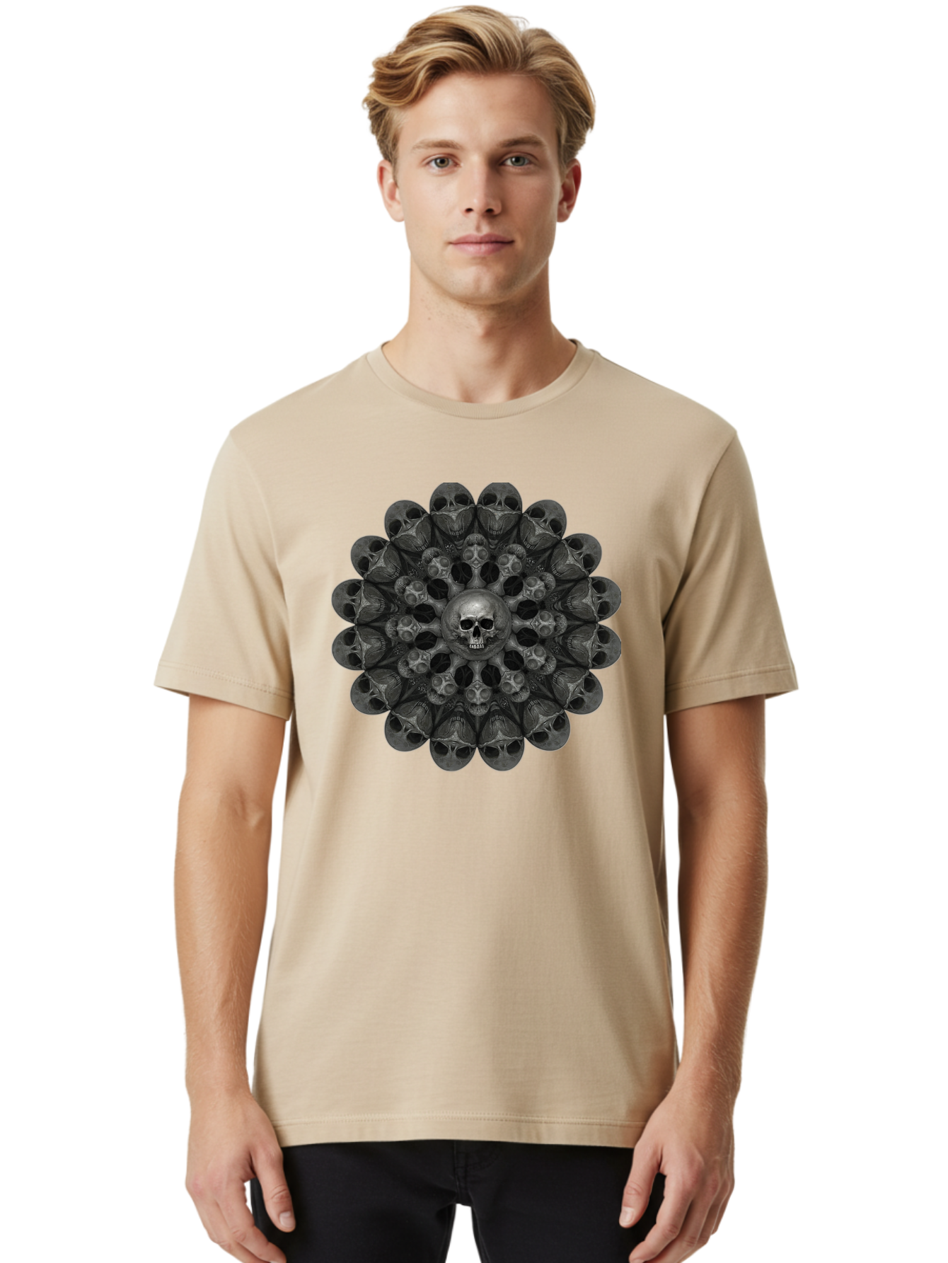 Skull-Mandala-6 Men'S Graphic Tee, 100% Cotton, Comfortable Casual Summer Wear, Machine Washable, Mandala Skull, Skull Pattern, Multiple Skulls, Gothic Art, Dark Art, Surrealism, Symbolic Imagery, Intricate Design, Mysticism, Bad600 28
