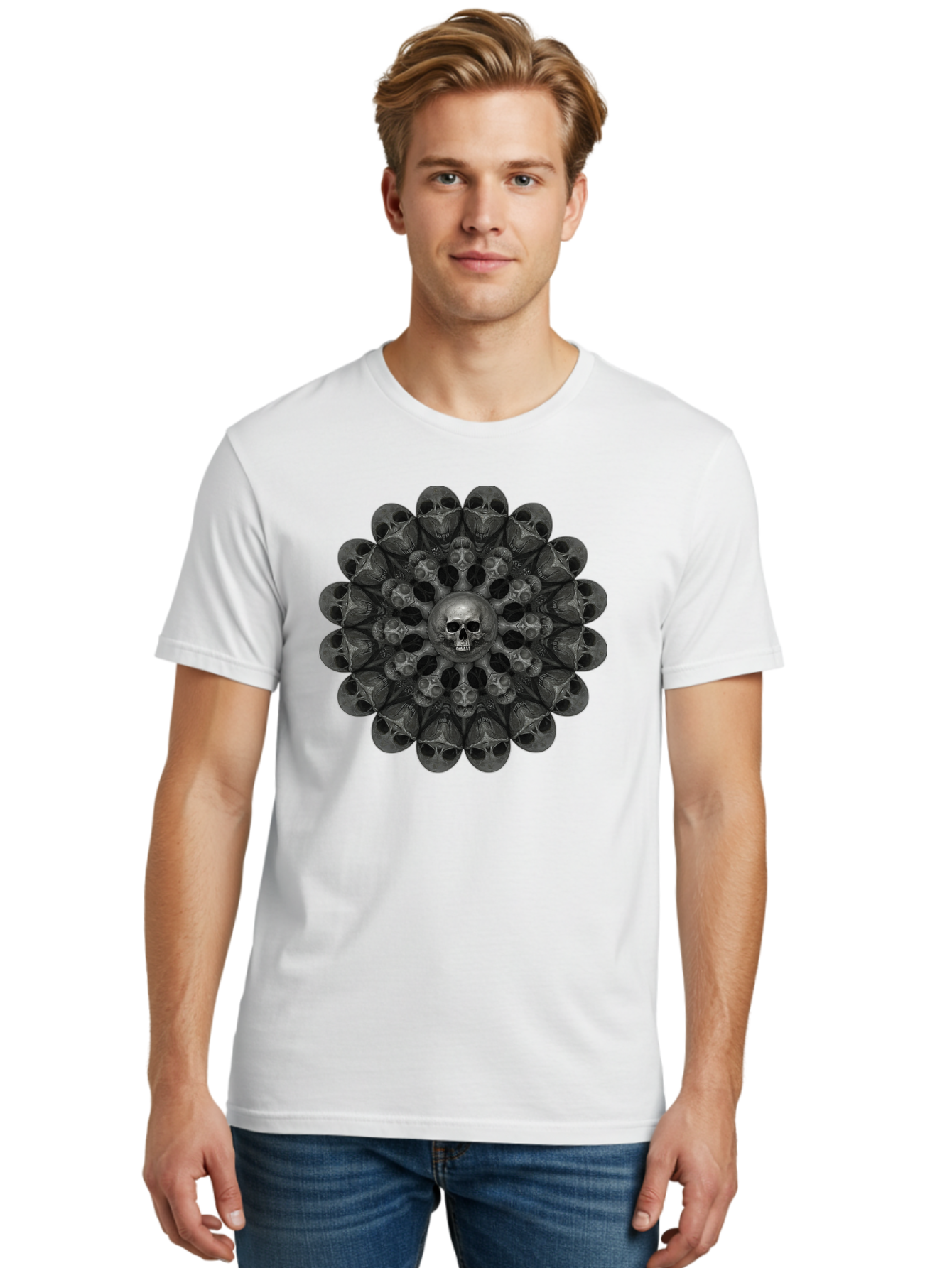 Skull-Mandala-6 Men'S Graphic Tee, 100% Cotton, Comfortable Casual Summer Wear, Machine Washable, Mandala Skull, Skull Pattern, Multiple Skulls, Gothic Art, Dark Art, Surrealism, Symbolic Imagery, Intricate Design, Mysticism, Bad600 17