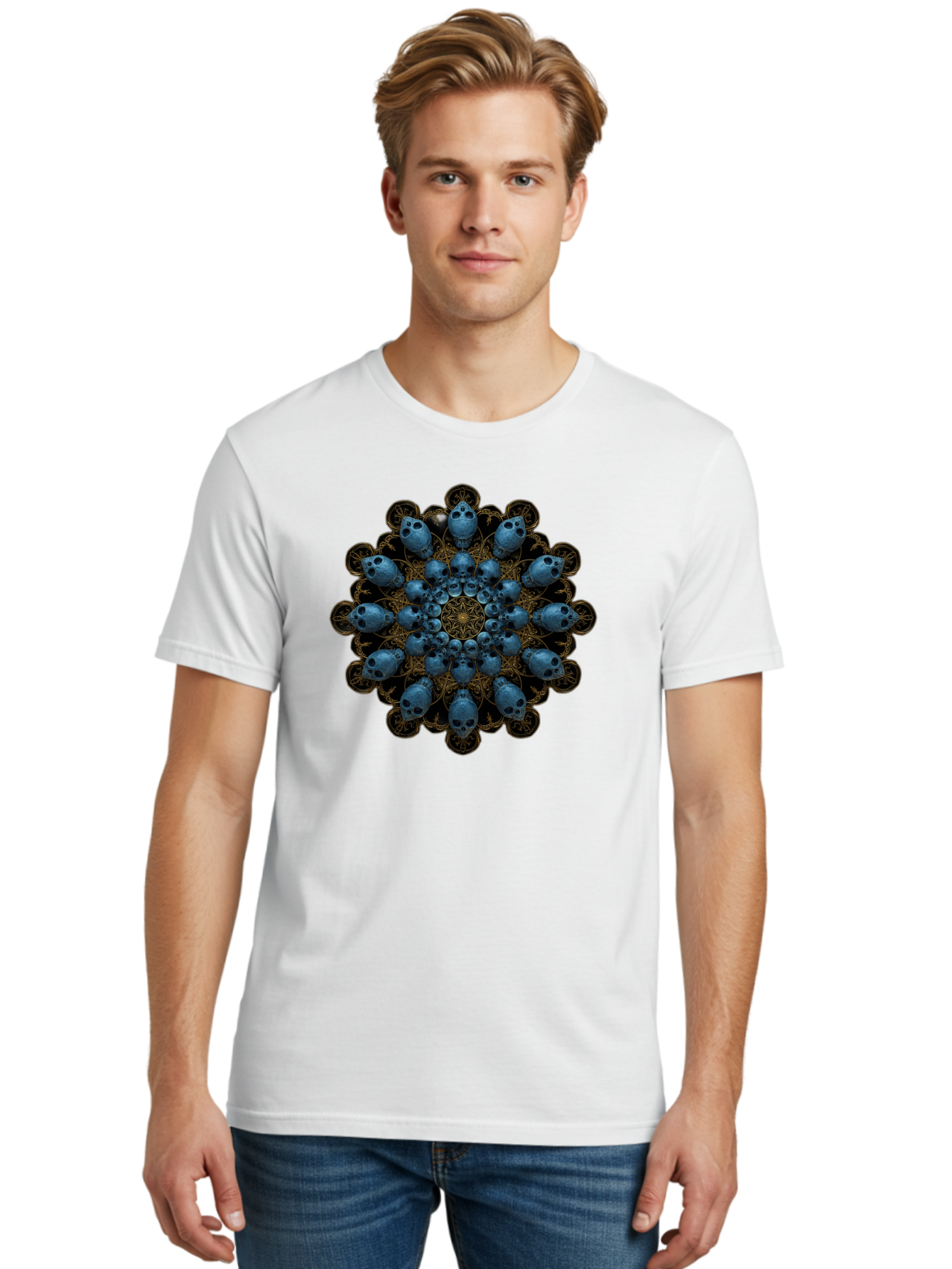Skull-Mandala-7 Men'S Graphic Tee, 100% Cotton, Comfortable Casual Summer Wear, Machine Washable, Skull Mandala, Symmetrical Design, Intricate Patterns, Gothic Art, Mystical Symbols, Skulls, Mandala Art, Surreal Imagery, Mysterious, Bad601 19