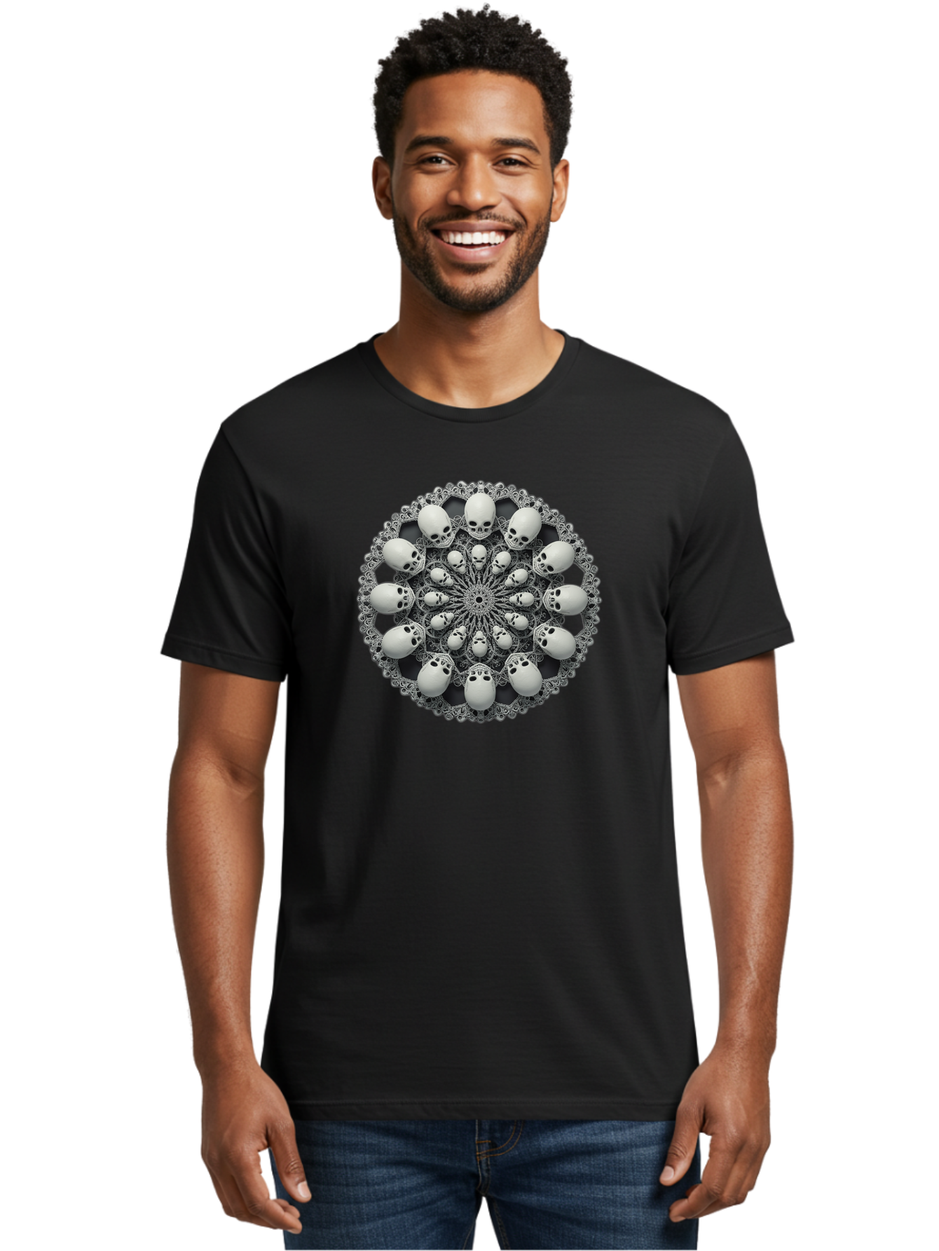 Skull-Mandala Men'S Graphic Tee, 100% Cotton, Comfortable Casual Summer Wear, Machine Washable, Mandala Design, Skull Art, Intricate Patterns, White Skulls, Mystical Symbols, Hypnotic Visuals, Geometric Shapes, Ornate Details, Abstract Art, Bad602 17