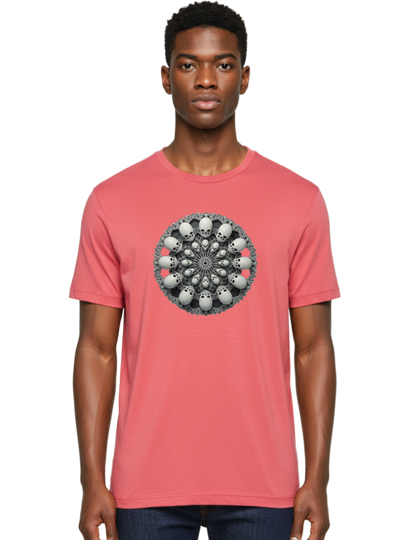 Skull-Mandala Men'S Graphic Tee, 100% Cotton, Comfortable Casual Summer Wear, Machine Washable, Mandala Design, Skull Art, Intricate Patterns, White Skulls, Mystical Symbols, Hypnotic Visuals, Geometric Shapes, Ornate Details, Abstract Art, Bad602 18
