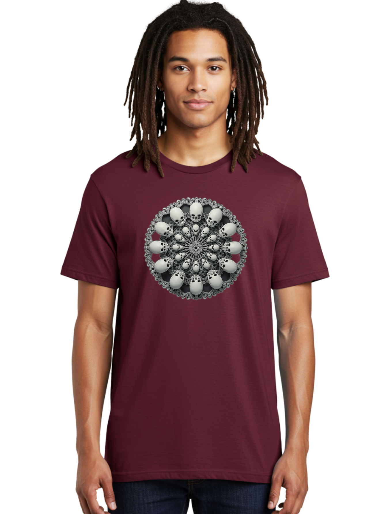 Skull-Mandala Men'S Graphic Tee, 100% Cotton, Comfortable Casual Summer Wear, Machine Washable, Mandala Design, Skull Art, Intricate Patterns, White Skulls, Mystical Symbols, Hypnotic Visuals, Geometric Shapes, Ornate Details, Abstract Art, Bad602 16