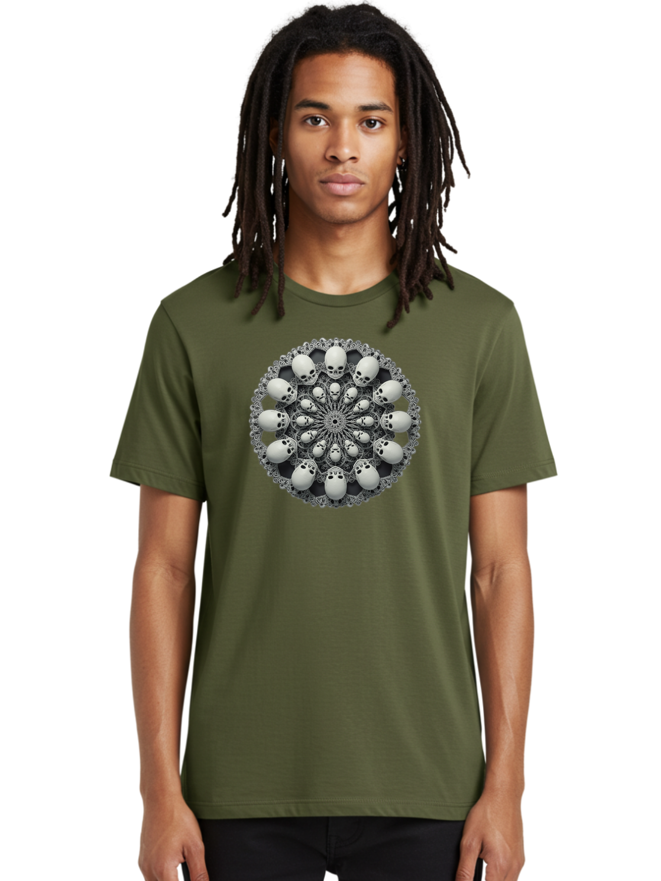 Skull-Mandala Men'S Graphic Tee, 100% Cotton, Comfortable Casual Summer Wear, Machine Washable, Mandala Design, Skull Art, Intricate Patterns, White Skulls, Mystical Symbols, Hypnotic Visuals, Geometric Shapes, Ornate Details, Abstract Art, Bad602 30
