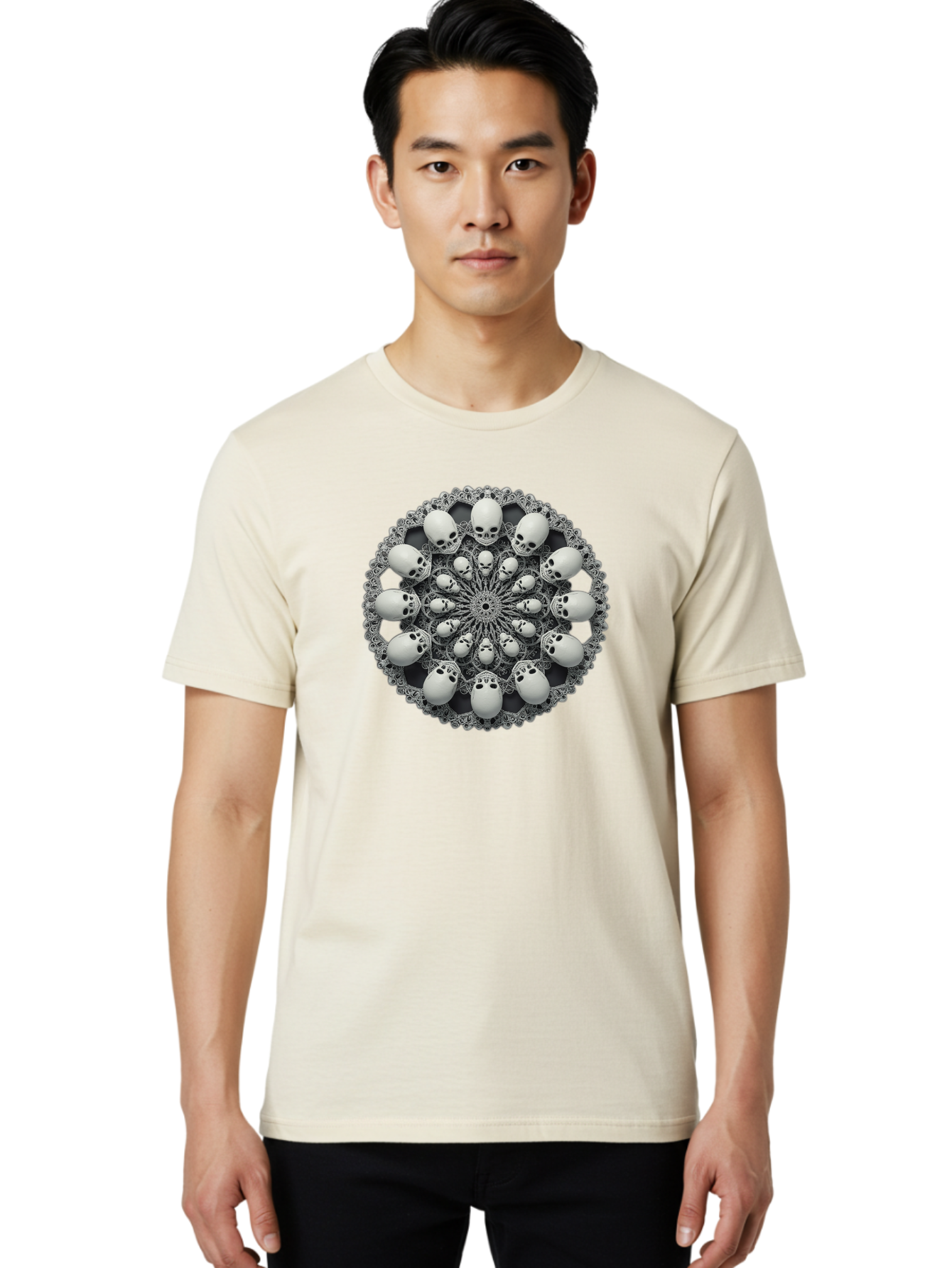Skull-Mandala Men'S Graphic Tee, 100% Cotton, Comfortable Casual Summer Wear, Machine Washable, Mandala Design, Skull Art, Intricate Patterns, White Skulls, Mystical Symbols, Hypnotic Visuals, Geometric Shapes, Ornate Details, Abstract Art, Bad602 19