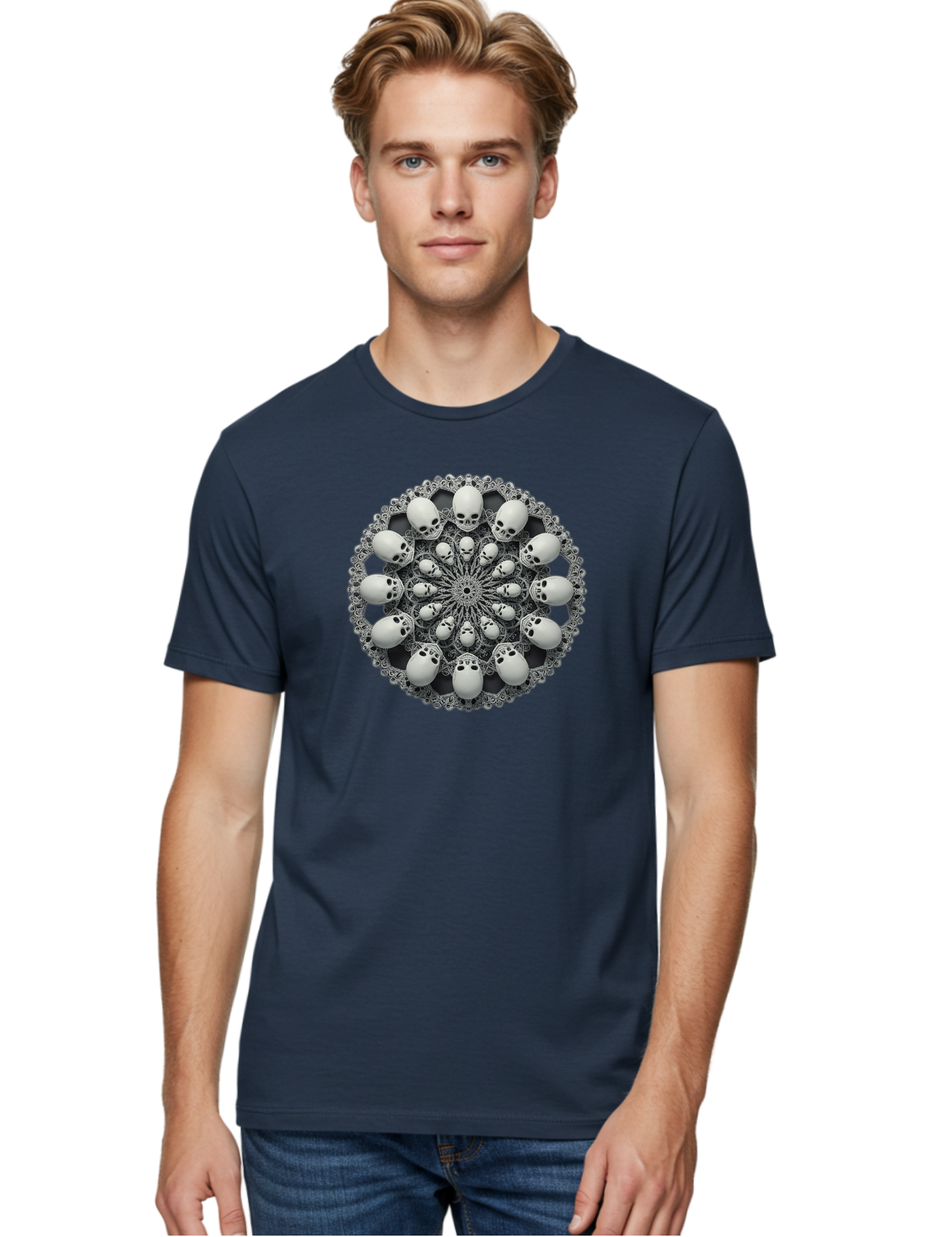 Skull-Mandala Men'S Graphic Tee, 100% Cotton, Comfortable Casual Summer Wear, Machine Washable, Mandala Design, Skull Art, Intricate Patterns, White Skulls, Mystical Symbols, Hypnotic Visuals, Geometric Shapes, Ornate Details, Abstract Art, Bad602 27
