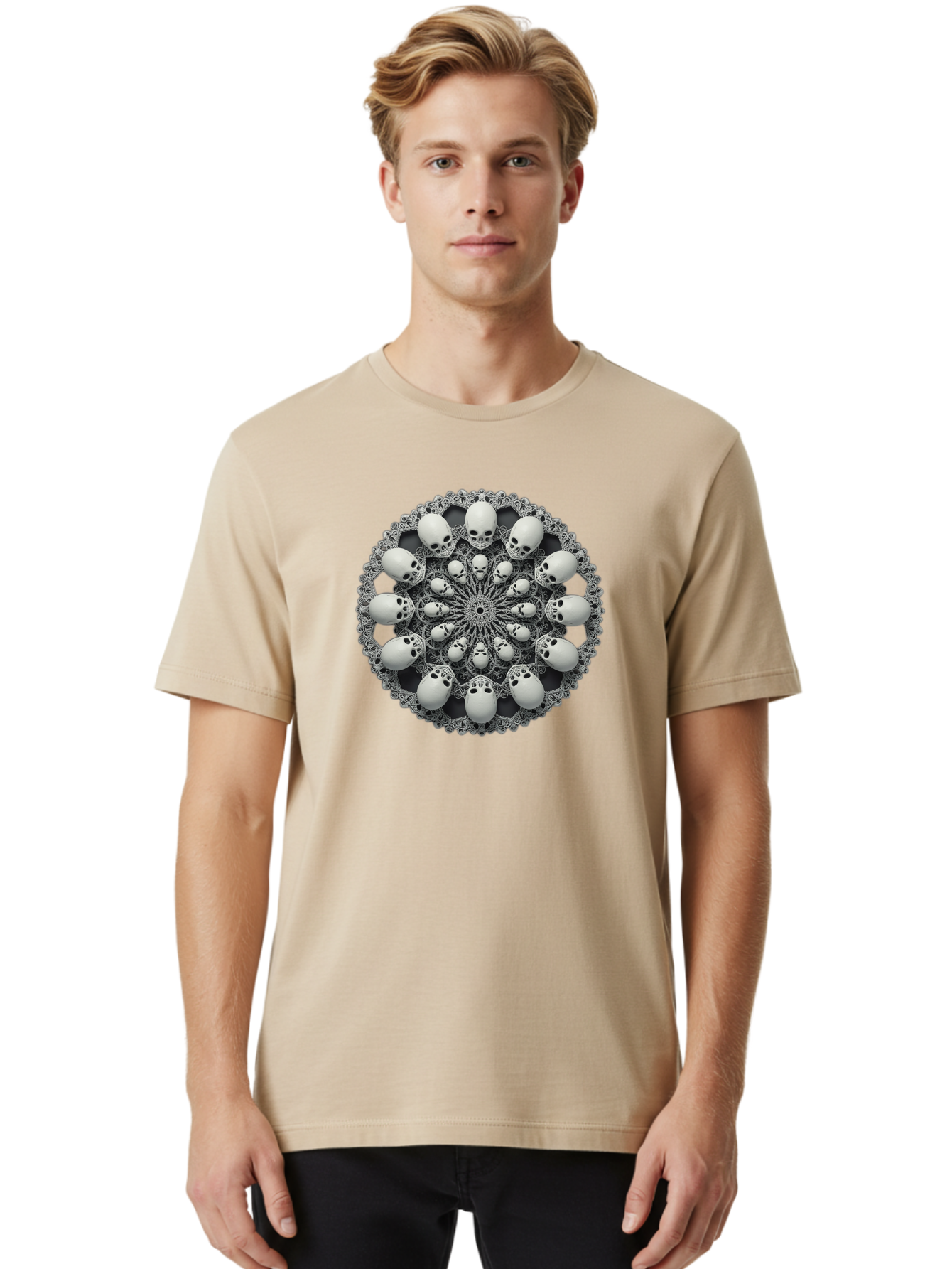 Skull-Mandala Men'S Graphic Tee, 100% Cotton, Comfortable Casual Summer Wear, Machine Washable, Mandala Design, Skull Art, Intricate Patterns, White Skulls, Mystical Symbols, Hypnotic Visuals, Geometric Shapes, Ornate Details, Abstract Art, Bad602 24