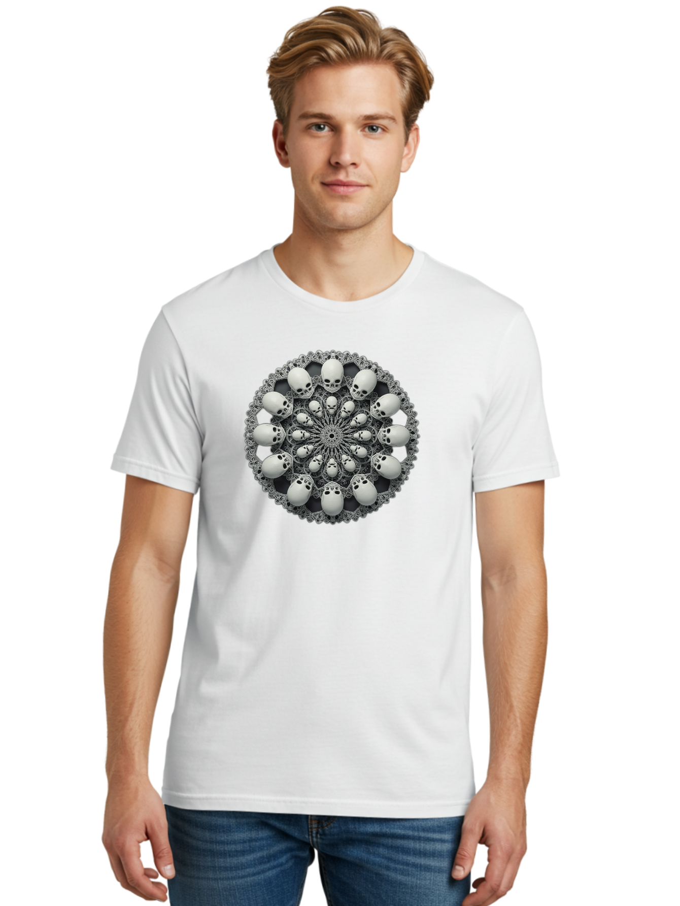 Skull-Mandala Men'S Graphic Tee, 100% Cotton, Comfortable Casual Summer Wear, Machine Washable, Mandala Design, Skull Art, Intricate Patterns, White Skulls, Mystical Symbols, Hypnotic Visuals, Geometric Shapes, Ornate Details, Abstract Art, Bad602 22