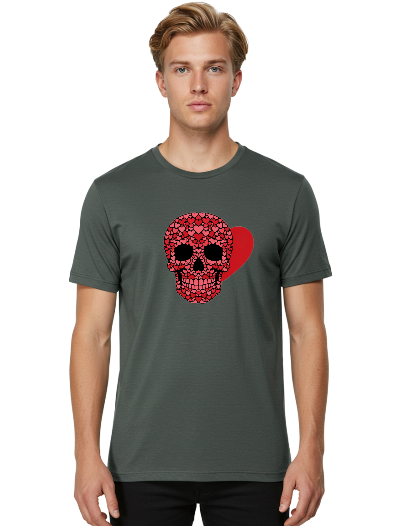 Skull-Of-Hearts Men'S Graphic Tee, 100% Cotton, Comfortable Casual Summer Wear, Machine Washable, Skull With Hearts, Heart-Shaped Skull Design, Sugar Skull Art, Red Hearts, Valentine'S Day Theme, Love Symbol, Heart Pattern, Skull Decoration, Bad603 27