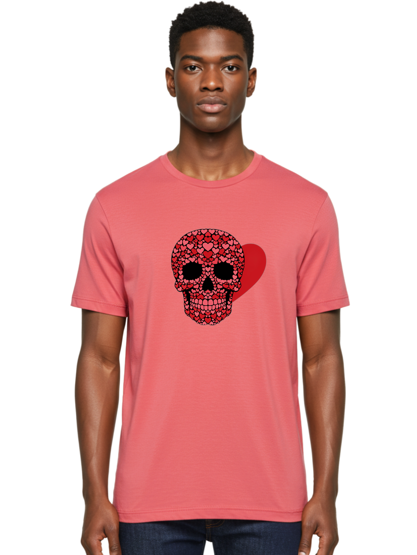 Skull-Of-Hearts Men'S Graphic Tee, 100% Cotton, Comfortable Casual Summer Wear, Machine Washable, Skull With Hearts, Heart-Shaped Skull Design, Sugar Skull Art, Red Hearts, Valentine'S Day Theme, Love Symbol, Heart Pattern, Skull Decoration, Bad603 21