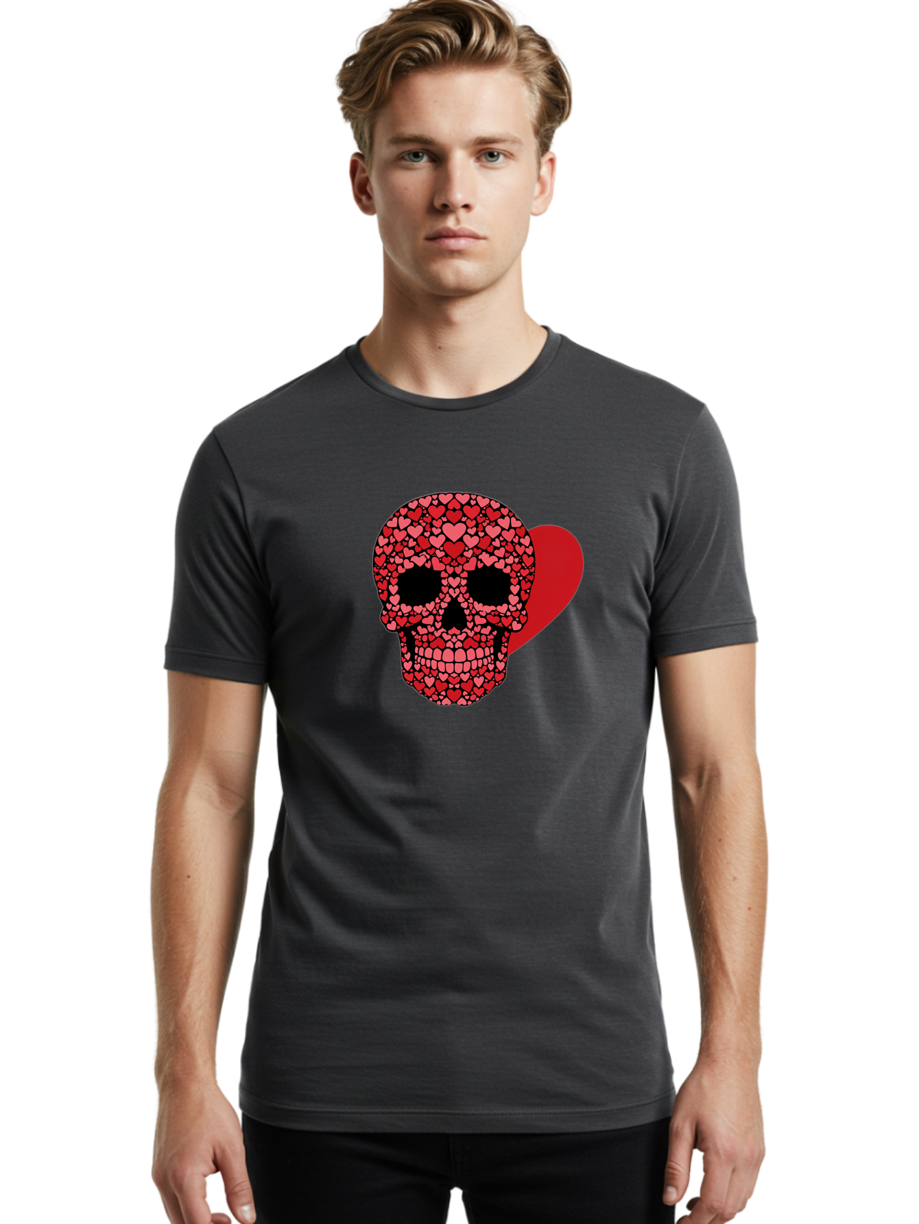 Skull-Of-Hearts Men'S Graphic Tee, 100% Cotton, Comfortable Casual Summer Wear, Machine Washable, Skull With Hearts, Heart-Shaped Skull Design, Sugar Skull Art, Red Hearts, Valentine'S Day Theme, Love Symbol, Heart Pattern, Skull Decoration, Bad603 19