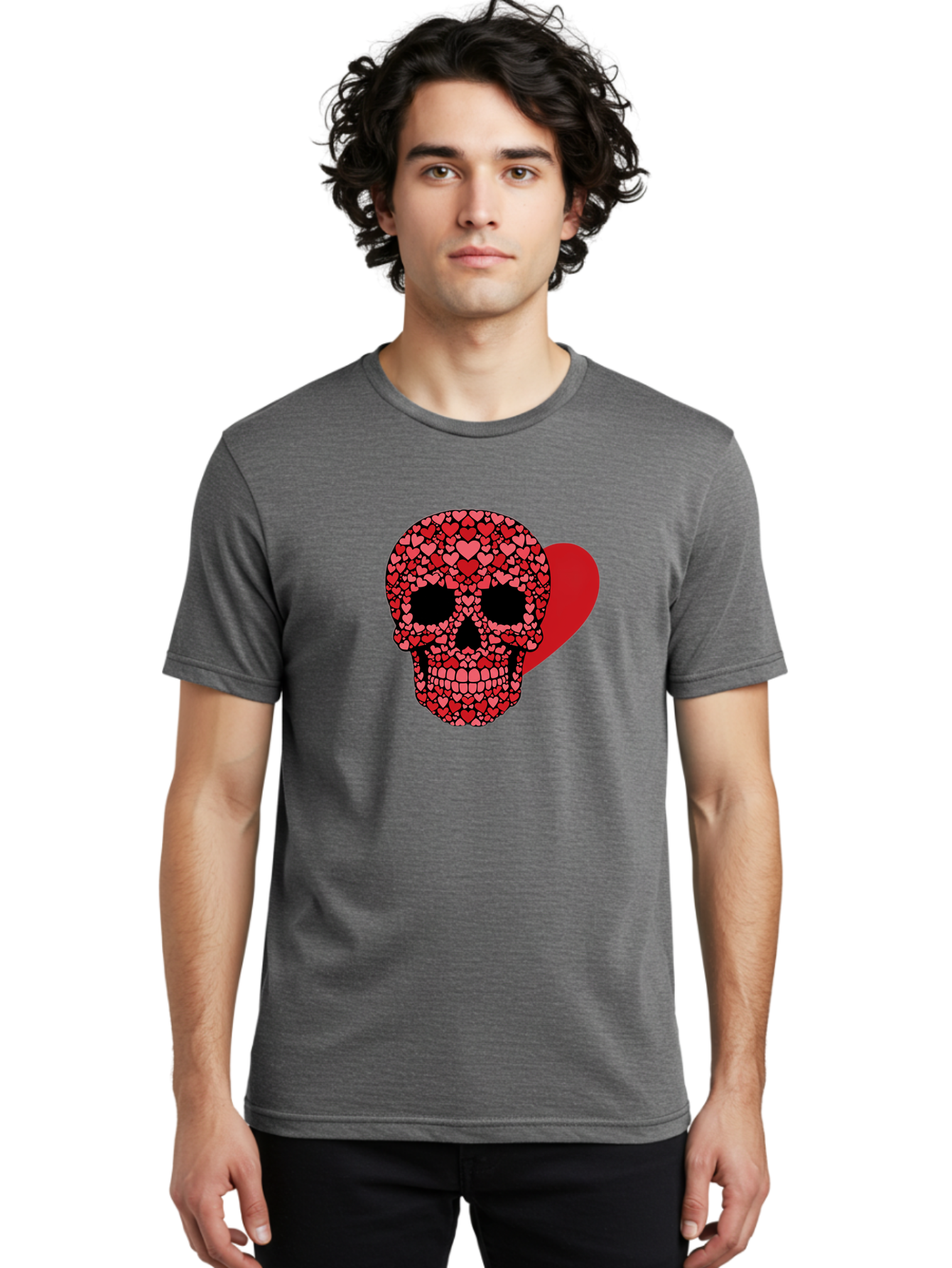 Skull-Of-Hearts Men'S Graphic Tee, 100% Cotton, Comfortable Casual Summer Wear, Machine Washable, Skull With Hearts, Heart-Shaped Skull Design, Sugar Skull Art, Red Hearts, Valentine'S Day Theme, Love Symbol, Heart Pattern, Skull Decoration, Bad603 22