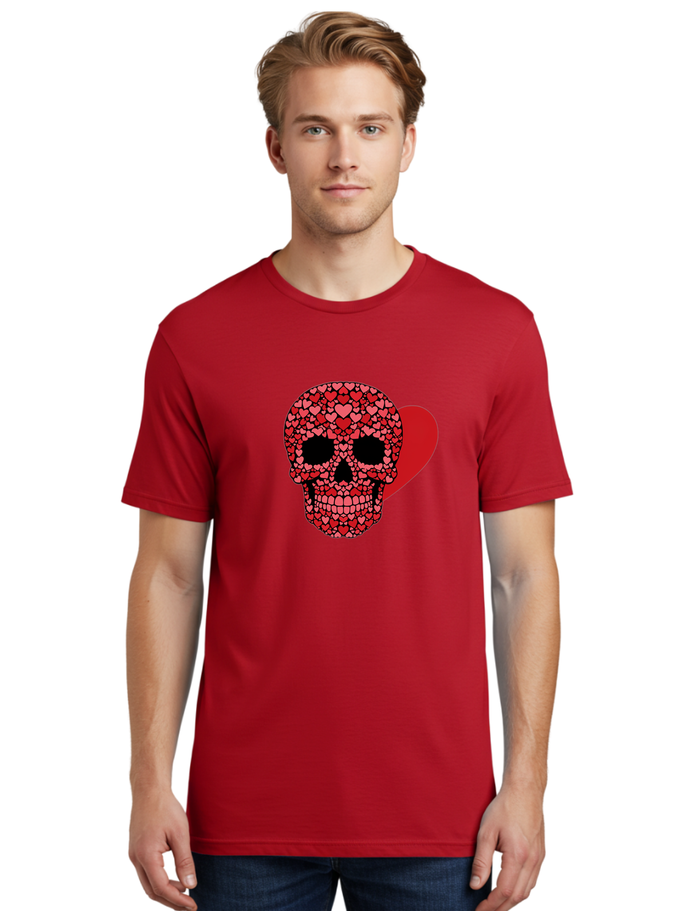 Skull-Of-Hearts Men'S Graphic Tee, 100% Cotton, Comfortable Casual Summer Wear, Machine Washable, Skull With Hearts, Heart-Shaped Skull Design, Sugar Skull Art, Red Hearts, Valentine'S Day Theme, Love Symbol, Heart Pattern, Skull Decoration, Bad603 26