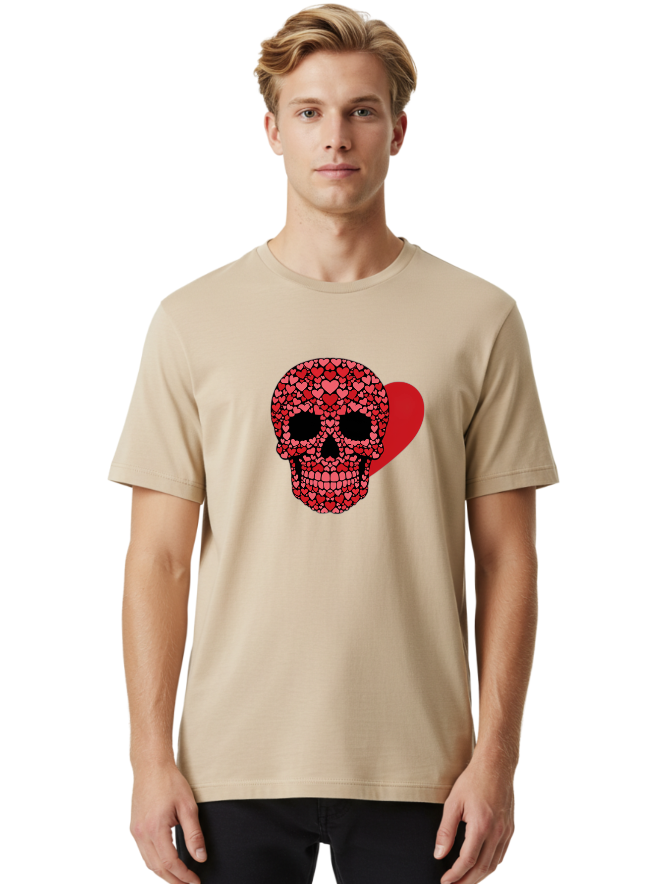 Skull-Of-Hearts Men'S Graphic Tee, 100% Cotton, Comfortable Casual Summer Wear, Machine Washable, Skull With Hearts, Heart-Shaped Skull Design, Sugar Skull Art, Red Hearts, Valentine'S Day Theme, Love Symbol, Heart Pattern, Skull Decoration, Bad603 17