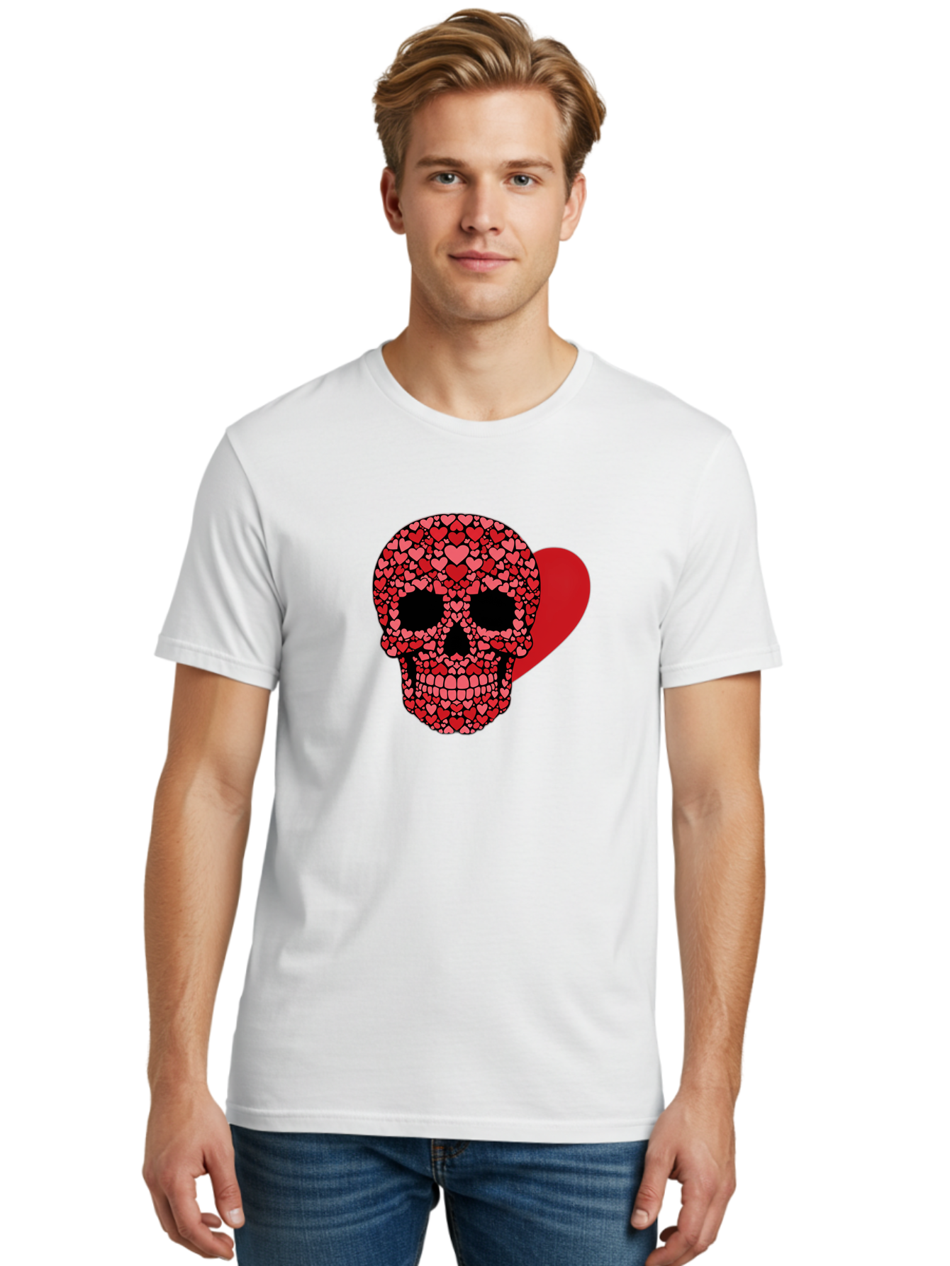 Skull-Of-Hearts Men'S Graphic Tee, 100% Cotton, Comfortable Casual Summer Wear, Machine Washable, Skull With Hearts, Heart-Shaped Skull Design, Sugar Skull Art, Red Hearts, Valentine'S Day Theme, Love Symbol, Heart Pattern, Skull Decoration, Bad603 25