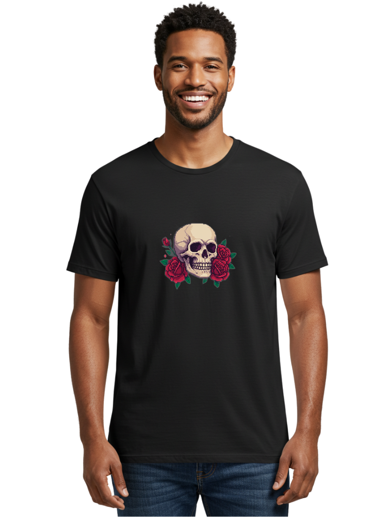 Skull-Pixel-Art Men'S Graphic Tee, 100% Cotton, Comfortable Casual Summer Wear, Machine Washable, Human Skull, Red Roses, Pixel Art, Gothic Style, Dark Beauty, Skull Decoration, Floral Skull, Goth Aesthetic, Pixelated Skull Bad604 22