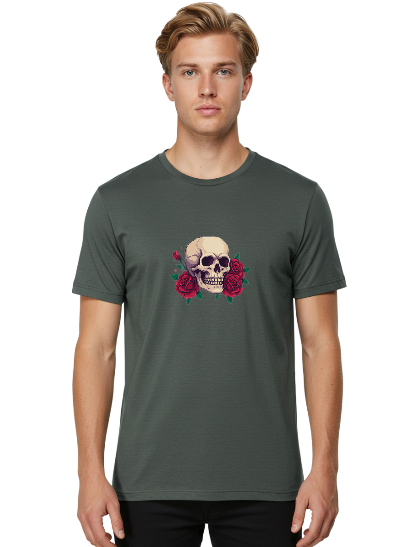 Skull-Pixel-Art Men'S Graphic Tee, 100% Cotton, Comfortable Casual Summer Wear, Machine Washable, Human Skull, Red Roses, Pixel Art, Gothic Style, Dark Beauty, Skull Decoration, Floral Skull, Goth Aesthetic, Pixelated Skull Bad604 30