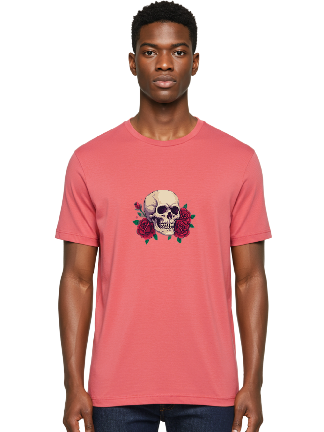 Skull-Pixel-Art Men'S Graphic Tee, 100% Cotton, Comfortable Casual Summer Wear, Machine Washable, Human Skull, Red Roses, Pixel Art, Gothic Style, Dark Beauty, Skull Decoration, Floral Skull, Goth Aesthetic, Pixelated Skull Bad604 27